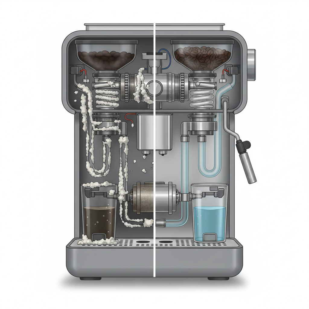A detailed, cutaway infographic illustration of the internal components of a sleek, modern automatic coffee machine. On one side, highlight parts like water pipes and heating elements encrusted with rough, white-grey limescale, showing constricted flow. On the other side, depict the same components pristine and clean, with clear, unobstructed pathways. Use a muted color palette for the machine, making the limescale stand out clearly. This visual should emphasize the contrast between a neglected and a well-maintained device.