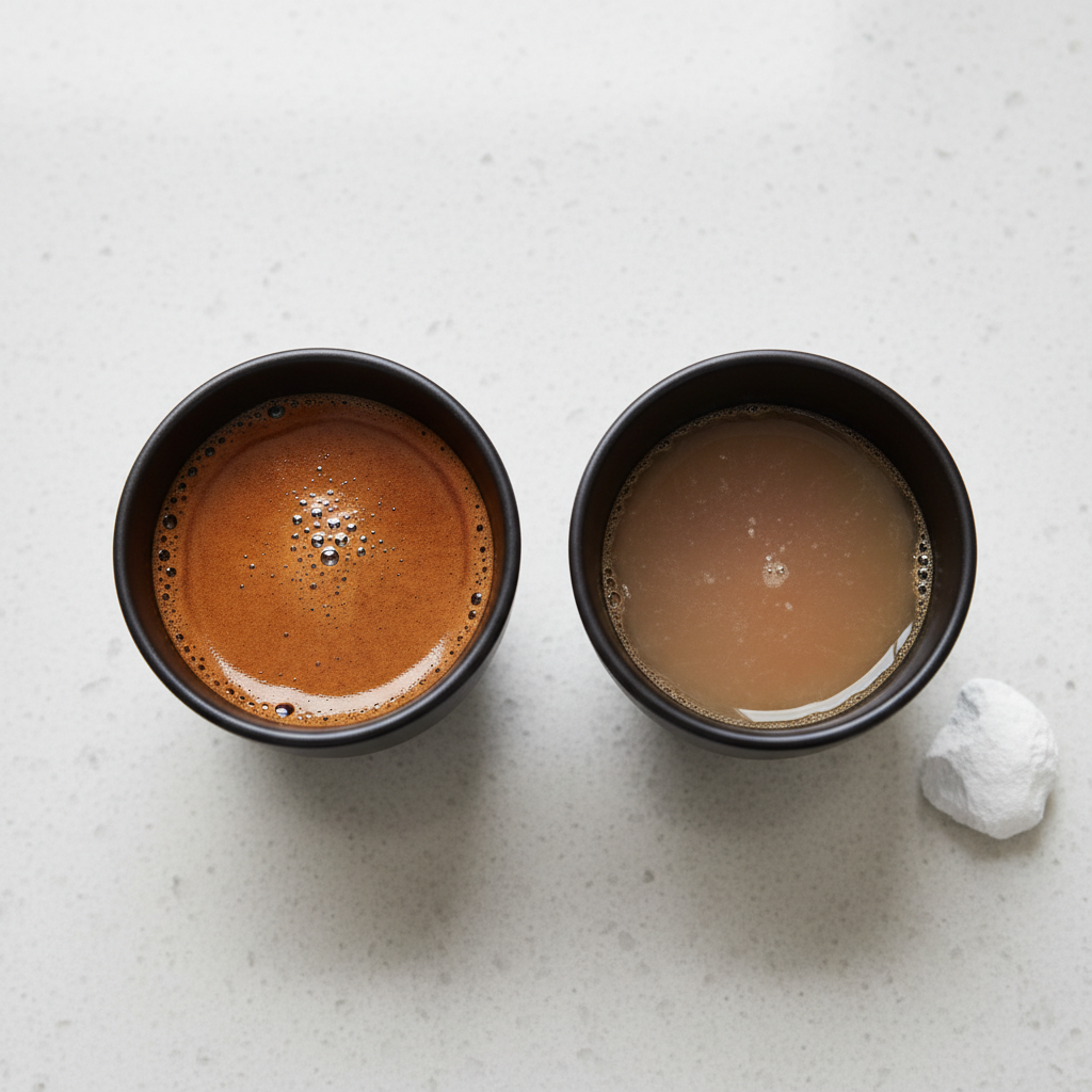 A professional, top-down photograph of two coffee cups on a clean, light-colored countertop. One cup holds a rich, perfectly brewed espresso with a beautiful, thick crema. The other cup, positioned next to it, contains a visibly less appealing, watery, pale brown coffee, almost lacking crema, perhaps with a slight cloudiness. The overall mood should be one of stark contrast, visually representing the impact of limescale on coffee quality and taste.