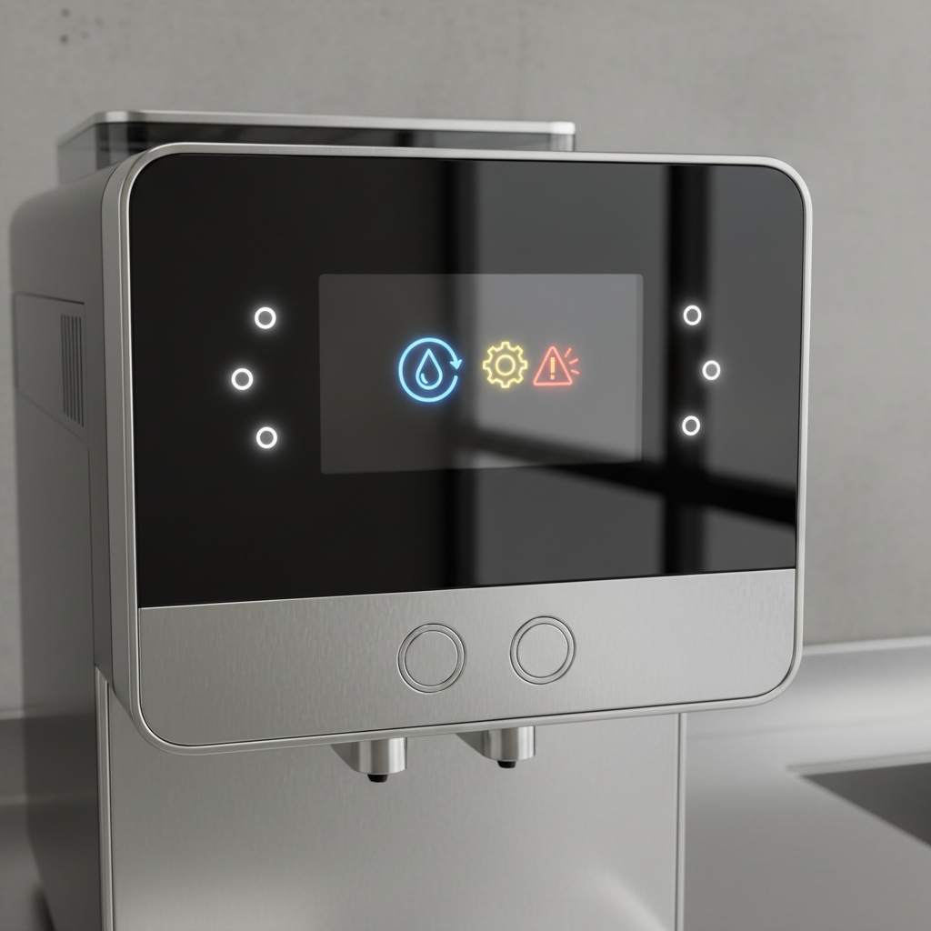 A close-up, modern and minimalist 3D render of the control panel of a high-end automatic coffee machine. The panel features a sleek digital display with subtle, glowing indicator lights or a universally recognizable symbol (like a water droplet or a gear icon with an exclamation mark) illuminated, suggesting a maintenance or descaling alert, without any text. The machine's surface should be clean and reflective, emphasizing its contemporary design and user-friendly interface.
