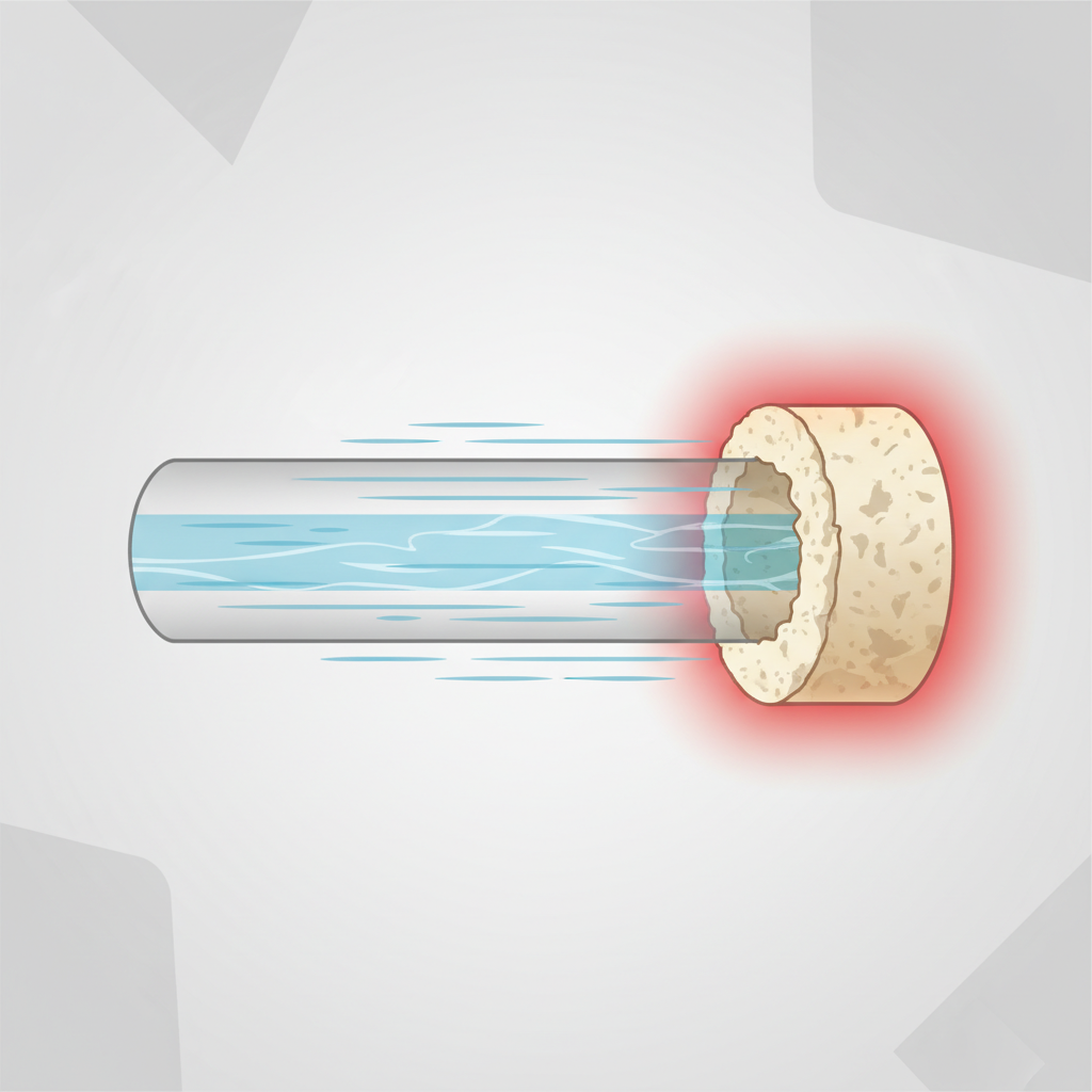 An illustrative diagram in a clean, infographic style, showing a cross-section of a heating element or water pipe within a coffee machine. One section of the pipe is smooth and wide, with blue water flowing freely and rapidly, indicated by motion lines. The adjacent section of the same pipe is heavily coated with textured, off-white limescale, significantly narrowing the passage and showing hindered, slower water flow. Subtle red glow effects surround the scaled section, symbolizing increased energy consumption and heat retention.