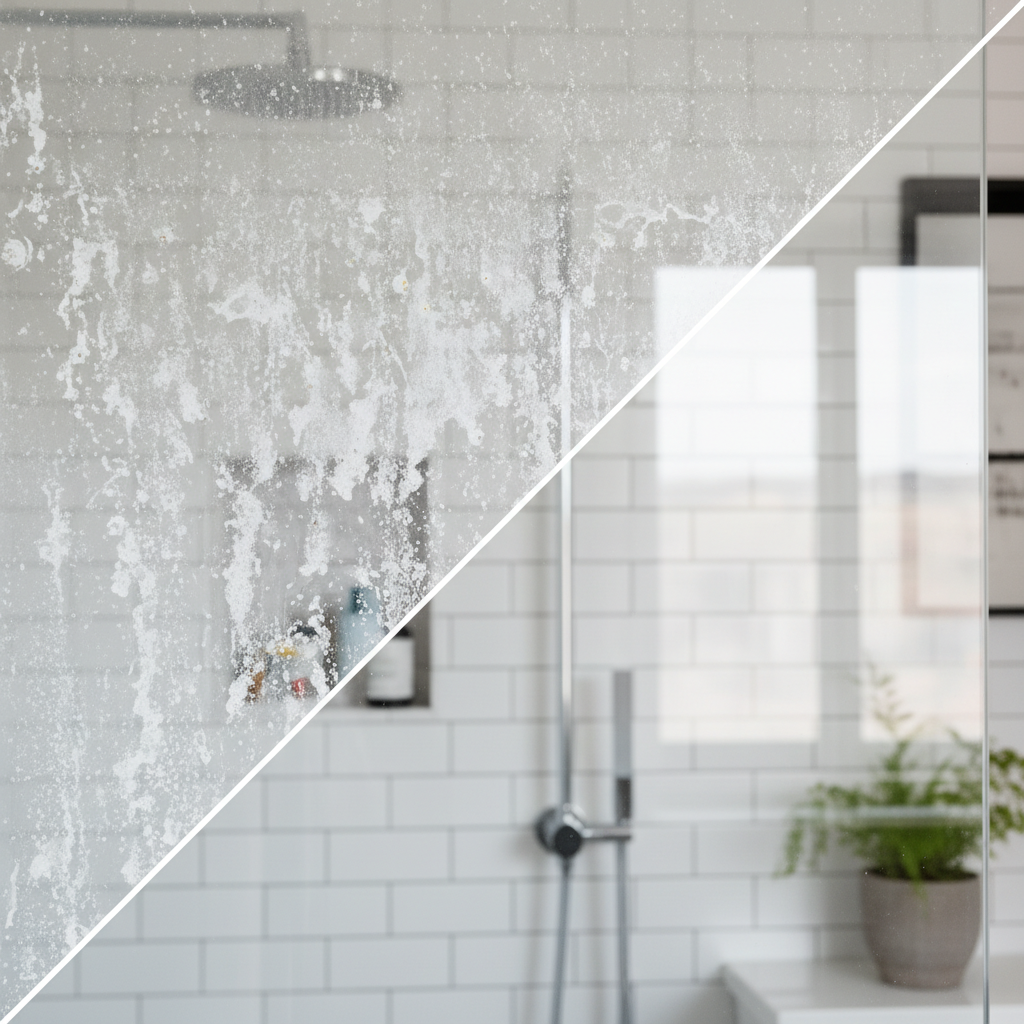 A professional, high-resolution photo showcasing a shower glass panel. The image should be split vertically or diagonally, illustrating a stark before-and-after comparison. One half of the glass is heavily covered with visible white, opaque limescale deposits, streaks, and water spots, making it look dull and dirty. The other half is sparkling clean, crystal clear, and highly reflective, showing a perfectly transparent view. The bathroom background should be subtly visible through the clean glass. The focus is on the dramatic visual transformation from heavily calcified to pristine clean.
