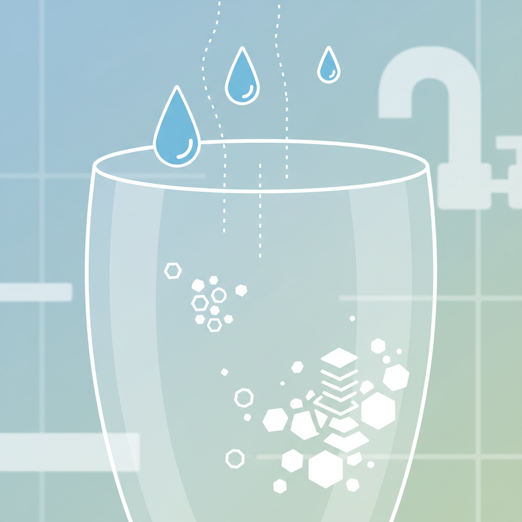 A vibrant flat illustration in a clean, infographic style, depicting the microscopic process of limescale formation on a glass surface. Show stylized water droplets evaporating from a clear, curved glass surface, leaving behind small, geometrically shaped mineral particles (representing calcium and magnesium carbonates) that cluster together to form white, textured deposits. The background should be a subtle, light blue or green, suggesting a bathroom environment. The illustration should clearly convey the concept of minerals left behind by evaporating water.
