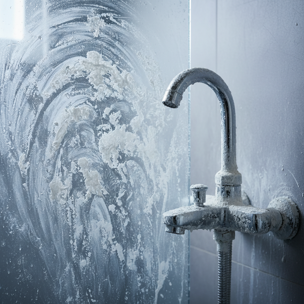 A high-resolution, professional photo showcasing a close-up of a glass shower door and an adjacent chrome faucet. The glass is visibly cloudy and streaked with thick, white limescale deposits, obscuring its transparency. The chrome faucet also exhibits significant dull, white mineral buildup, indicating a severe limescale problem. The overall mood should convey the frustration of stubborn dirt, highlighting the 'before' state of a neglected shower cabin. Focus on the texture and visual impact of the limescale, making it look challenging.