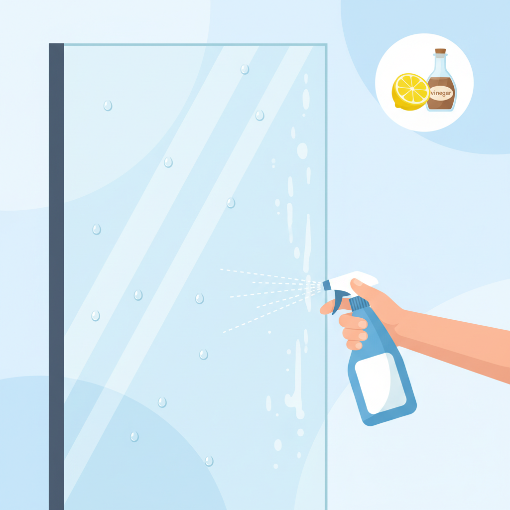 A vibrant, clean flat illustration depicting a hand holding a spray bottle, directing a fine mist onto a section of a clear glass shower panel. One half of the glass panel should appear sparkling clean and transparent, perhaps with water droplets beading off, while the other half still shows subtle, cloudy white limescale streaks. Nearby, a simple illustrative icon of a vinegar bottle or a lemon could be subtly placed to hint at natural cleaning agents. The scene emphasizes the process of cleaning and the beginning of a transformation, suggesting effectiveness and ease.