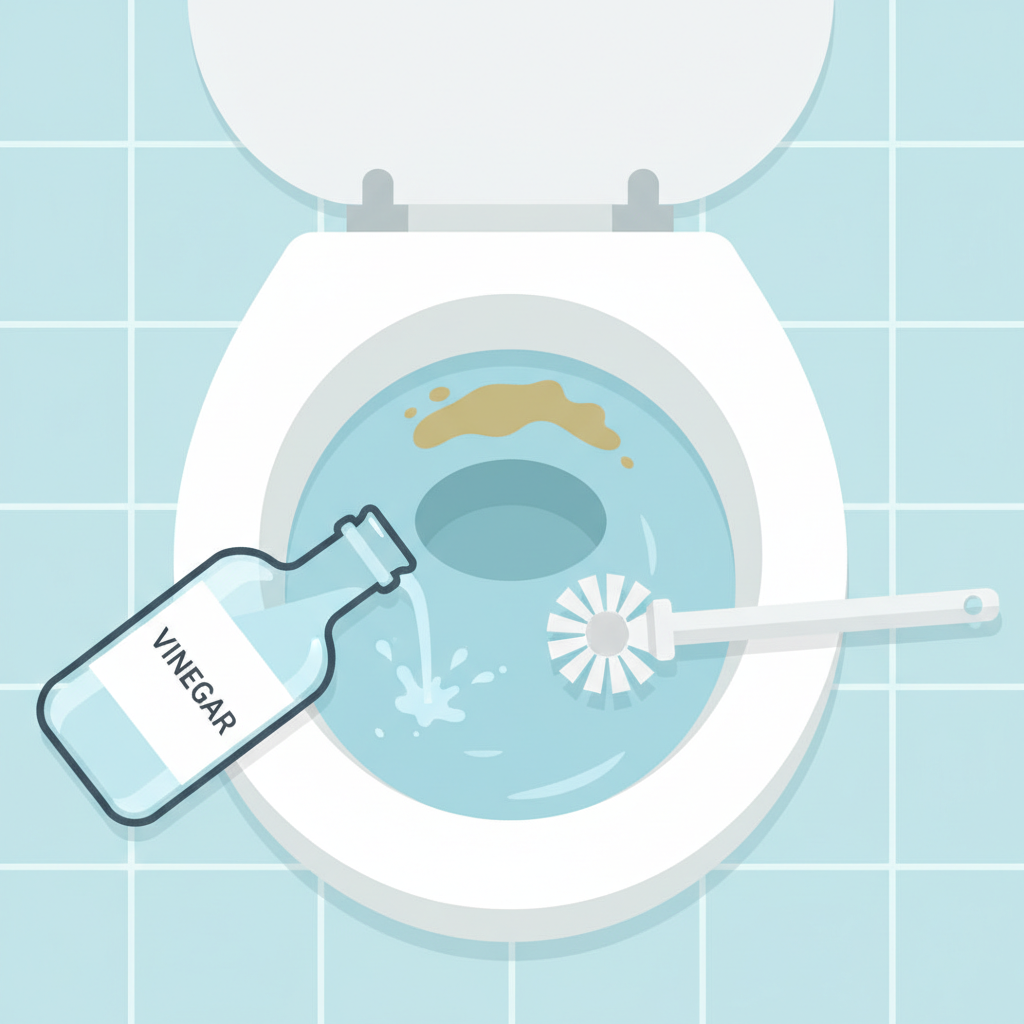 A close-up, top-down view of a pristine, white ceramic toilet bowl with a distinct, unsightly brown-yellow limescale ring just above the water line. On one side of the bowl, a clear bottle of household vinegar is being poured, with a visible splash or stream of liquid making contact with the limescale. A scrubbing brush or toilet brush is gently resting nearby, implying the next step. The overall impression should be a practical, actionable cleaning scenario, emphasizing the effectiveness of home remedies. Flat illustration style with clean lines and a bright, sanitary color palette, highlighting the contrast between the dirty ring and the clean porcelain.