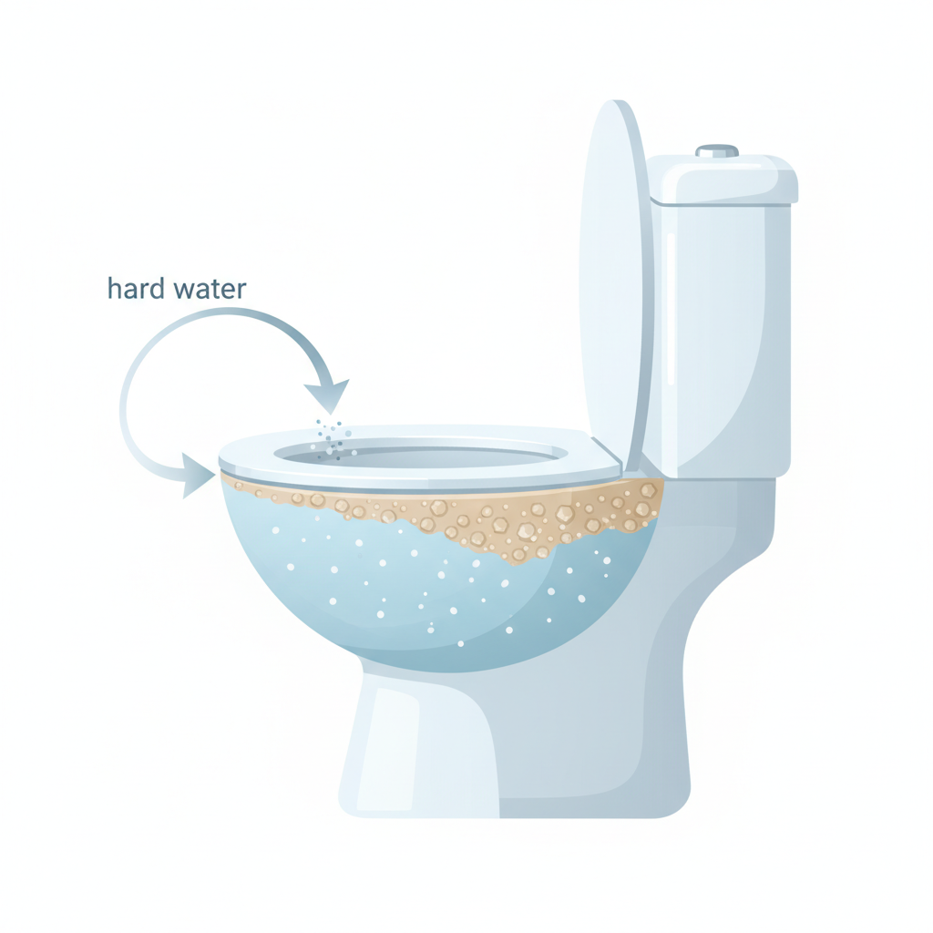 An infographic-style illustration depicting the process of limescale formation in a toilet. Show a stylized cross-section of a toilet bowl with a constant water level. Highlight tiny, stylized mineral particles (e.g., calcium and magnesium ions) suspended in the 'hard water' entering and filling the bowl. Visually demonstrate how, as the water evaporates or settles, these minerals accumulate and solidify along the waterline, forming a distinct, textured layer of limescale. Use a clean, modern infographic style with clear visual cues, employing blues and greys for water and porcelain, contrasted with a subtle, textured beige or light brown for the forming limescale deposits.