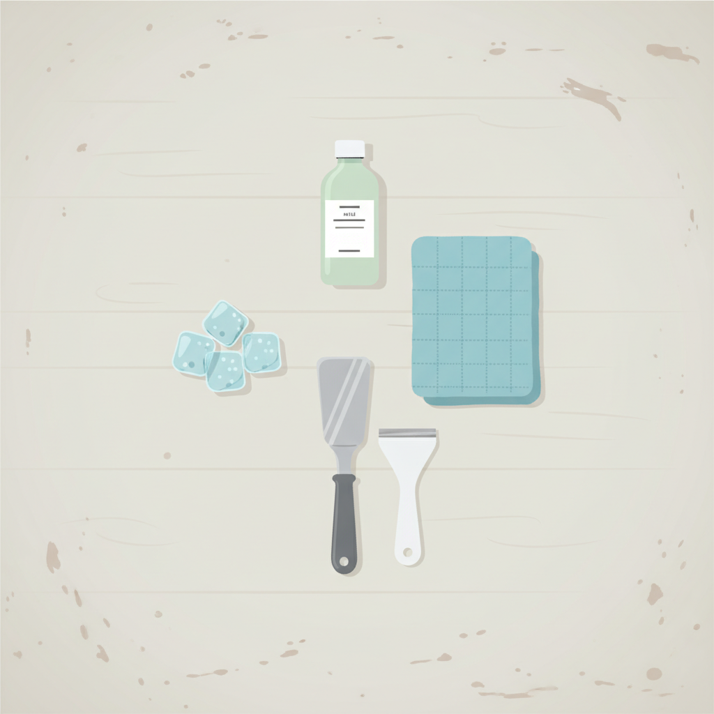 A high-angle, flat lay illustration depicting an organized arrangement of cleaning tools on a neutral-colored floor or table, ready for chewing gum removal. Key items include a small pile of ice cubes, a clean microfiber cloth folded neatly, a blunt metal spatula or plastic scraper, and a small bottle of mild liquid cleaner. The style is clean, modern flat illustration with subtle textures, using a limited color palette that suggests cleanliness and efficiency. The composition is balanced and inviting, emphasizing thorough preparation.