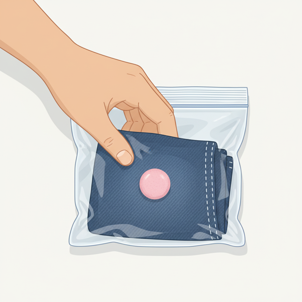 A close-up, top-down view of a hand carefully placing a section of a fabric garment (e.g., denim jeans or a cotton t-shirt) into a clear plastic freezer bag. A small, sticky piece of light pink chewing gum is visibly stuck to the fabric. The overall scene is clean and well-lit, suggesting a practical, DIY solution in progress. The style should be a modern, bright flat illustration with soft shadows and clean lines, focusing on clarity and ease of understanding for a helpful guide.