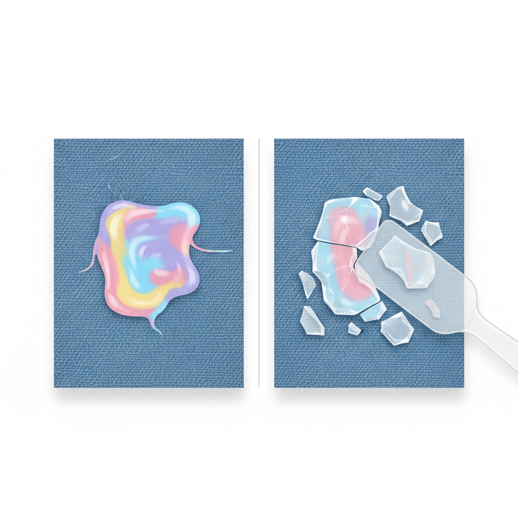 A two-panel illustration demonstrating the effect of cold on chewing gum on fabric. The left panel shows a piece of soft, colorful chewing gum firmly stuck and spread on a textured textile surface. The right panel shows the same gum, now hardened and brittle, being carefully scraped off with a blunt, thin plastic tool (like a credit card edge or a spatula). The background is minimalist and bright. Style: A clean, infographic-style illustration with subtle textures, emphasizing the transformation from sticky and pliable to hard and removable.