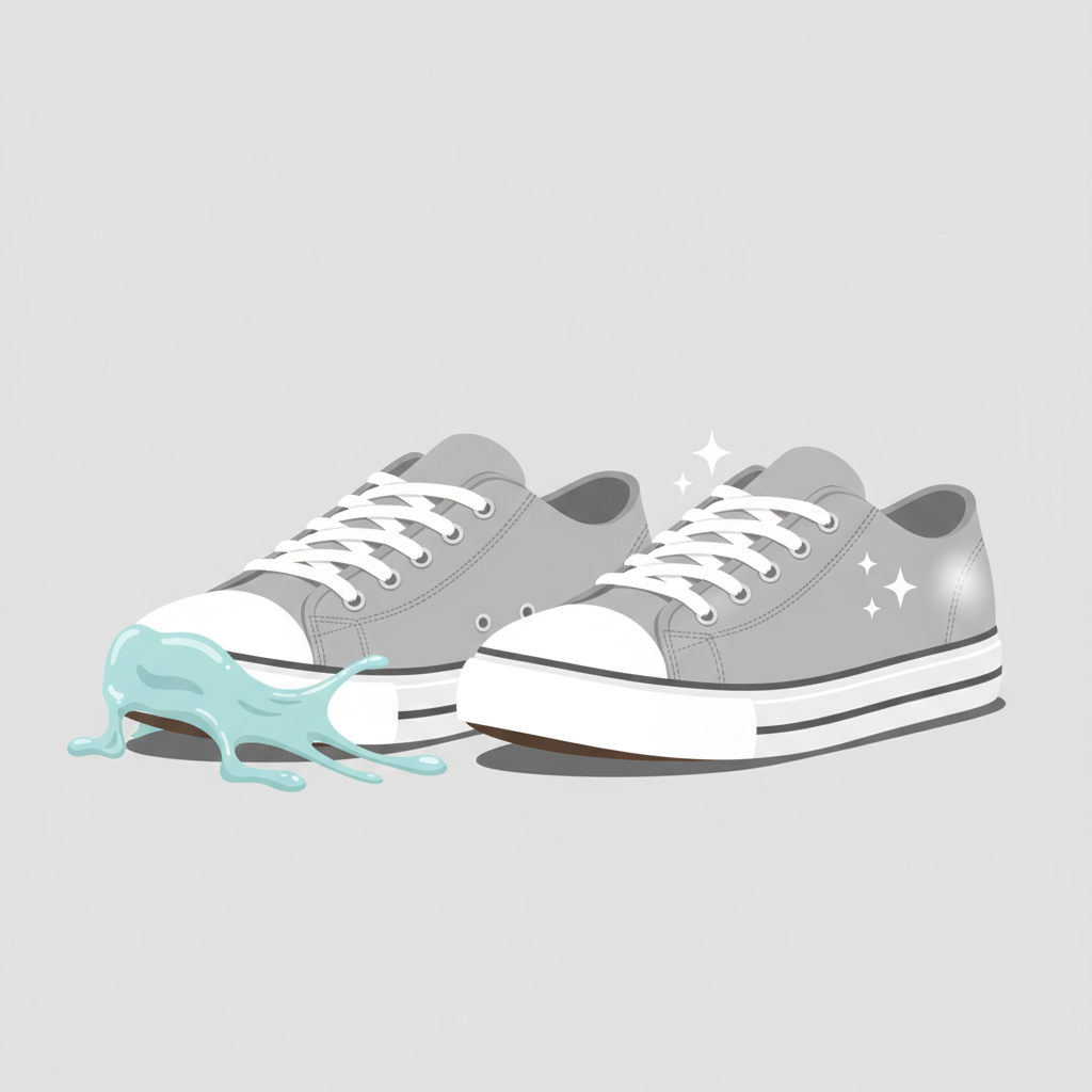 A visually striking flat illustration depicting the common problem of chewing gum on a shoe. The sole of a stylish, modern shoe (perhaps a sneaker or casual shoe) is clearly visible, with a stubborn, light pink or blue chewing gum blob firmly adhered to it. The gum appears slightly stretched and resilient, emphasizing its sticky nature. Adjacent to this, a sparkling clean shoe of the same type stands, representing the desired outcome of the cleaning process. The background is simple and clean, highlighting the contrast between the sticky problem and the pristine solution. The overall style is clean, modern, and inviting for a blog post.