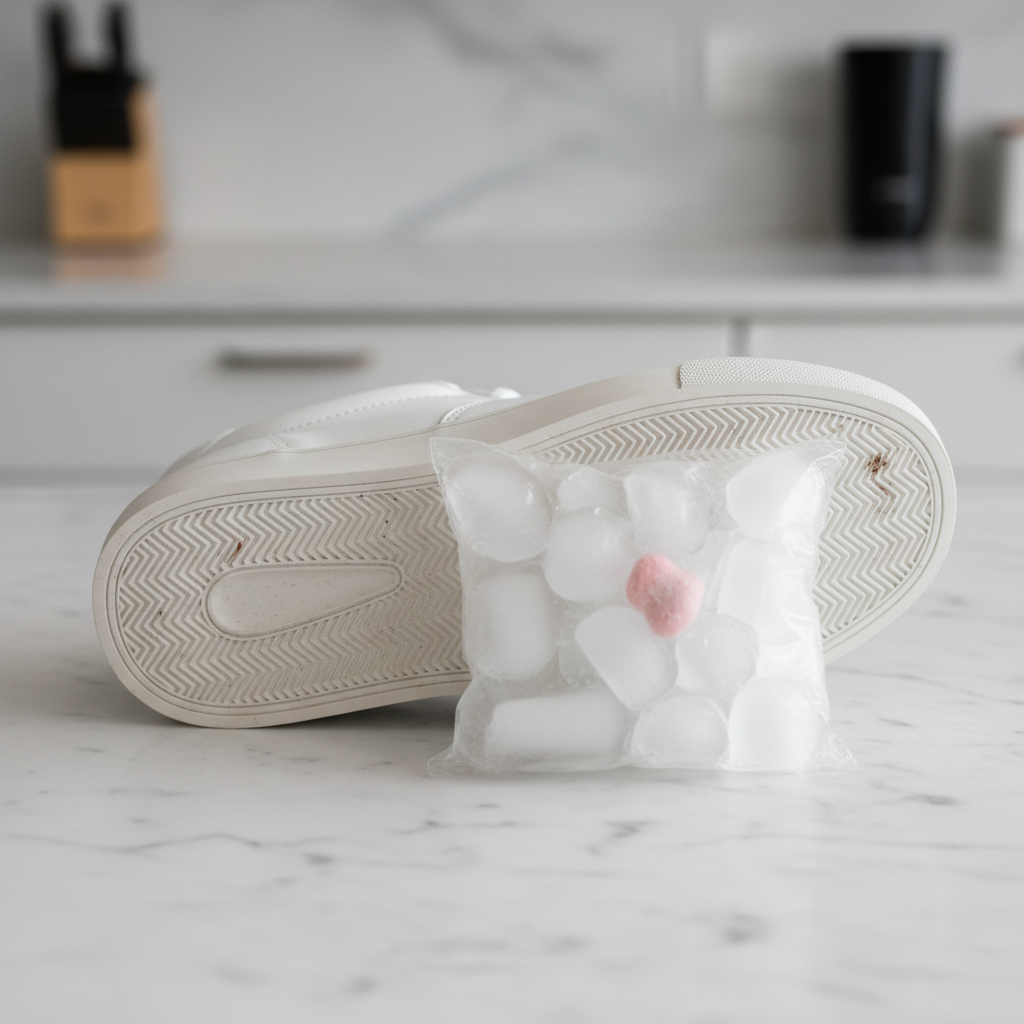 A professional, brightly lit photograph demonstrating the 'cold method' for removing gum. A contemporary casual shoe, perhaps a white sneaker, is shown with a small, hardened piece of light-colored chewing gum stuck to its sole. A clear plastic freezer bag containing visible ice cubes is gently pressed against the gummed area of the sole, illustrating the application of cold. The shoe rests on a clean, light-colored surface. The focus is sharp on the shoe and the ice bag, with a shallow depth of field to keep the background softly blurred, creating a clean, instructional aesthetic suitable for a DIY guide.