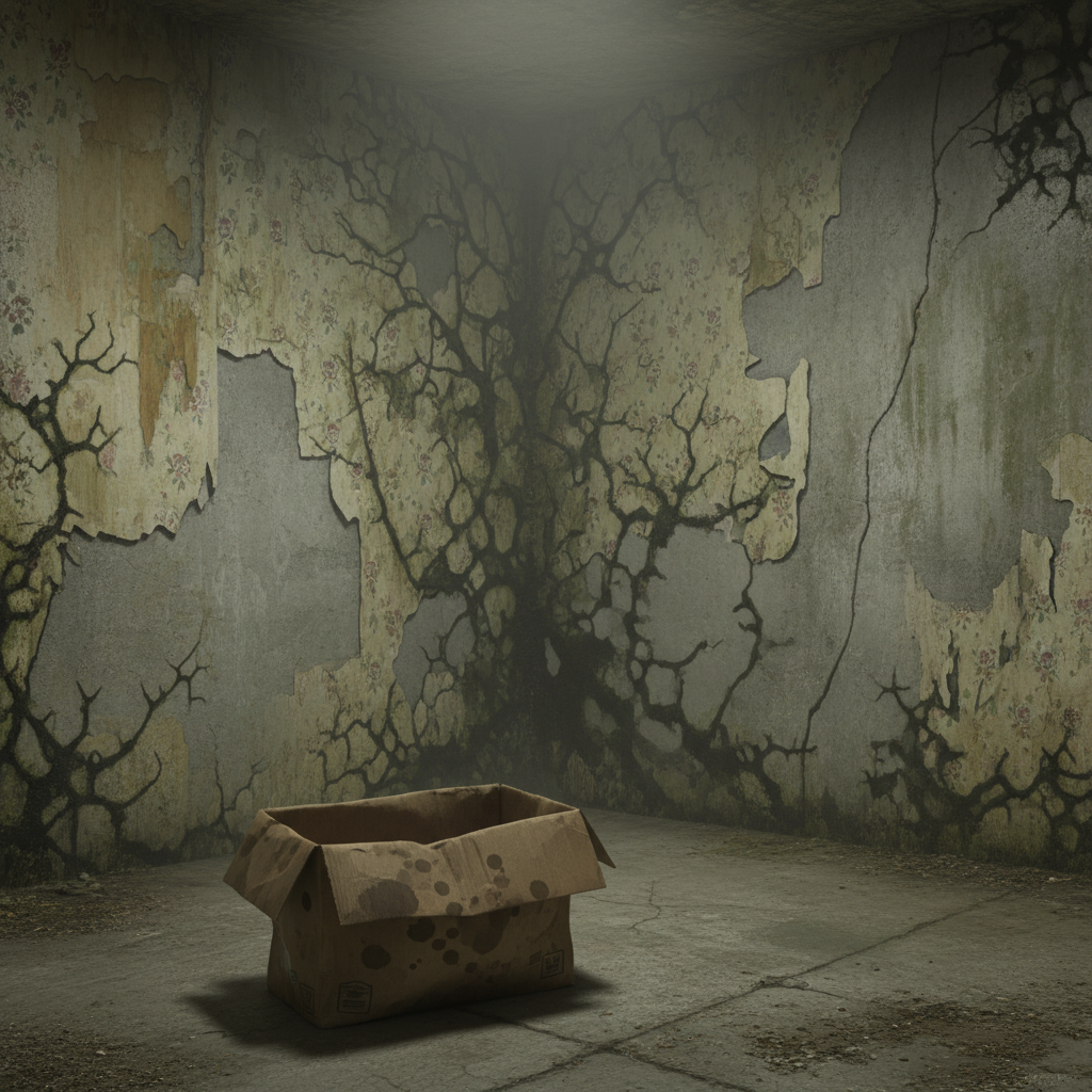 A dimly lit, slightly grimy basement corner. Peeling paint or wallpaper on a concrete wall with visible patches of dark green or black mold spreading upwards. A subtle, hazy mist in the air conveys dampness. An old, forgotten cardboard box, slightly water-stained, sits on the floor in the foreground. The overall mood should be eerie and unpleasant, emphasizing the unpleasantness of a musty smell and the presence of mold. Style: Realistic digital painting.