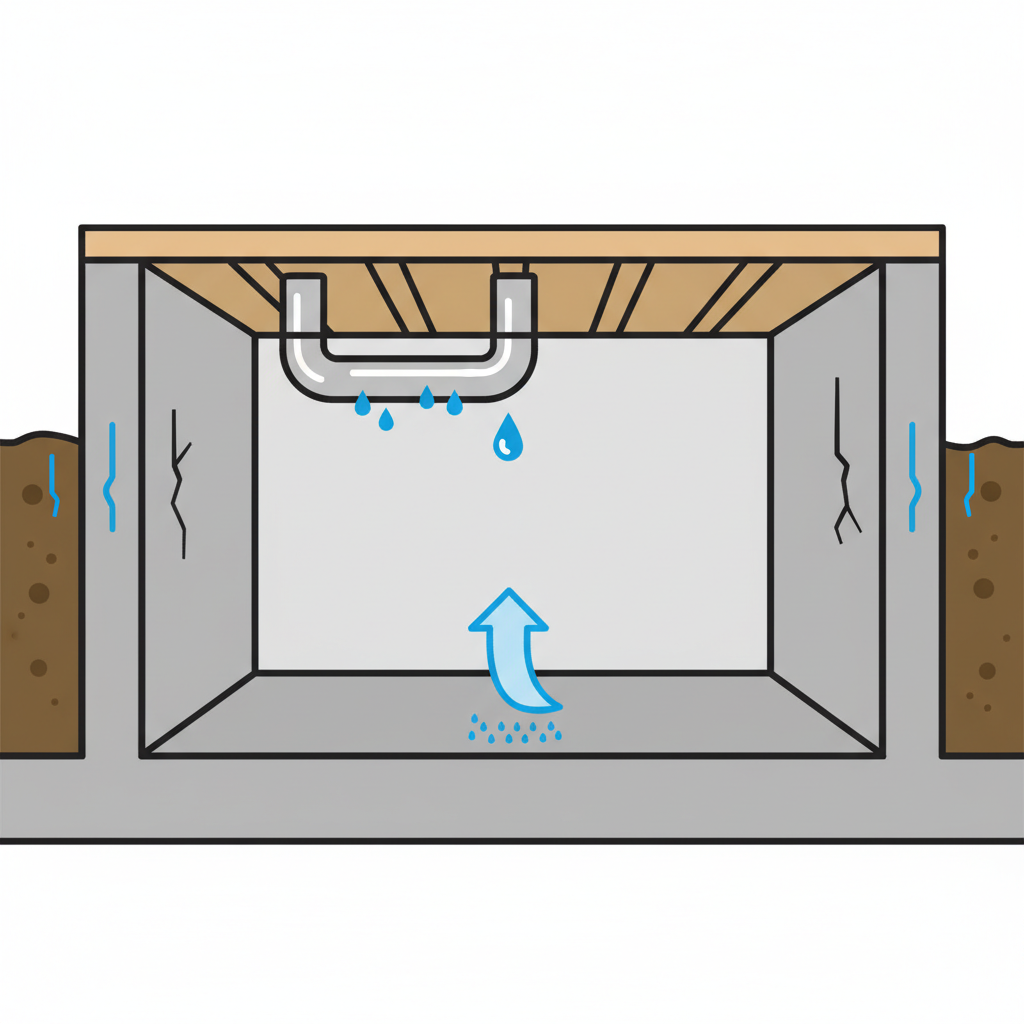 An infographic-style cross-section diagram of a house foundation and basement. Clearly illustrate different sources of moisture intrusion: water droplets seeping through hairline cracks in the concrete foundation wall from the outside, an upward arrow through the floor indicating rising damp, condensation droplets forming on a cold metal pipe hanging from the ceiling, and a tiny drip from a pipe elbow. Use clear, distinct visual cues for each moisture source. Style: Flat illustration with clean lines.