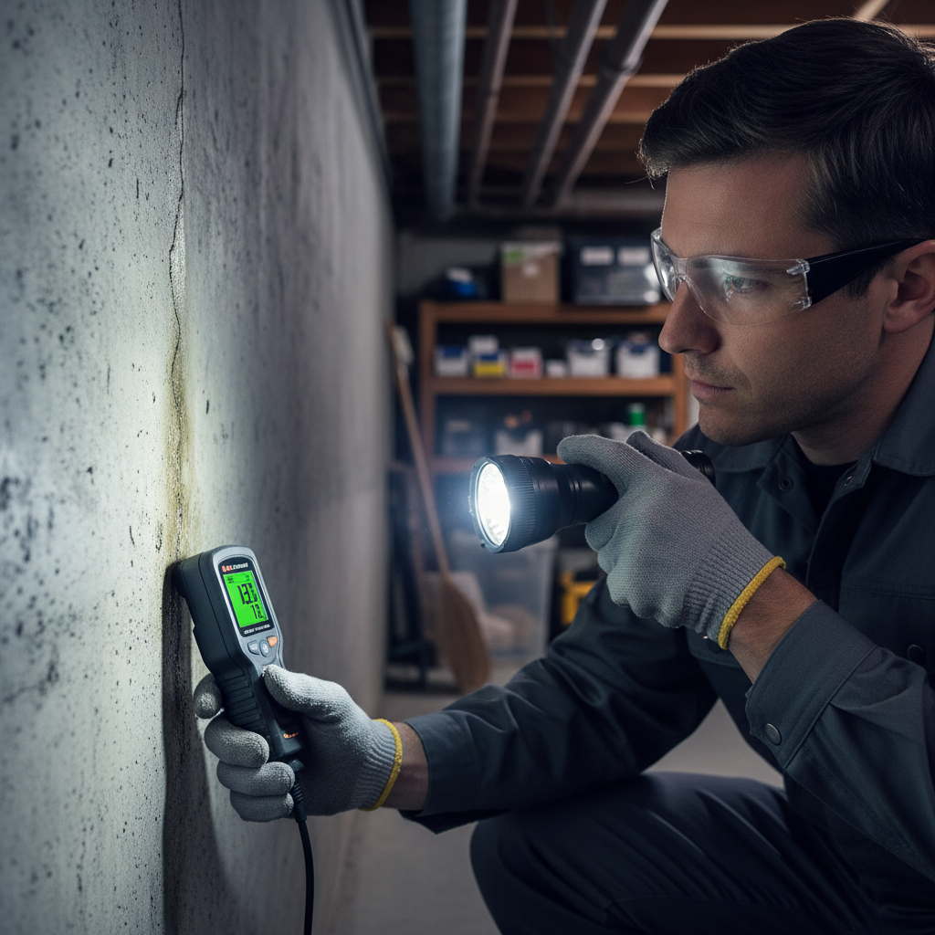 A person, seen from a slightly elevated perspective, actively inspecting a basement wall. They are holding a digital hygrometer close to a suspicious dark spot or crack on the concrete. A powerful flashlight beam, held in their other hand, illuminates the inspection area intensely. In the background, typical basement elements like exposed pipes or shelves are subtly visible, but the focus is on the diligent act of investigation and the tools used to detect moisture. Style: Professional photo.