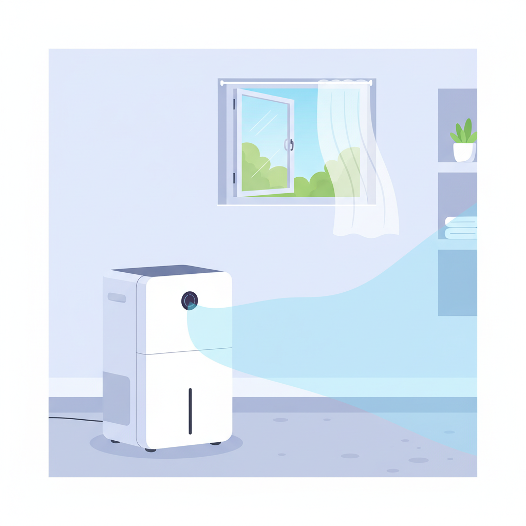 A clean, brightly lit basement interior. A modern, sleek dehumidifier stands prominently in the foreground, subtly emitting a gentle blue glow or a stream of clean, dry air. A small, open window in the background indicates fresh air circulation, perhaps with a slight curtain movement. The space should feel airy and well-maintained, free from clutter, conveying a sense of freshness and problem resolution. Style: Bright, clean flat illustration with a hopeful atmosphere.
