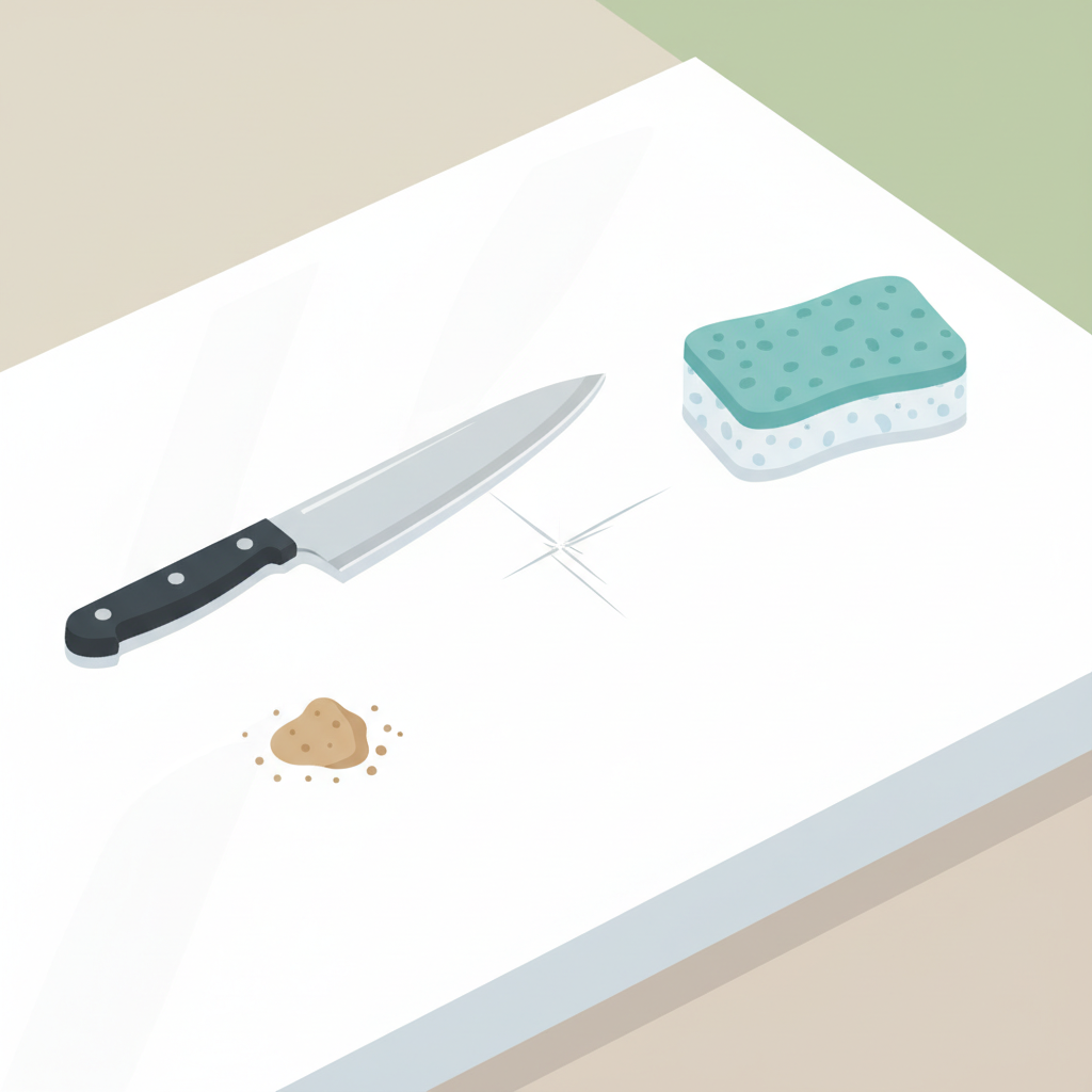 A flat illustration depicting a pristine, smooth ceramic kitchen countertop with a visible, fine scratch running across its surface. Around the countertop, several common scratch-causing objects are subtly arranged: a sharp kitchen knife resting too close, a small pile of sand or dirt particles, and a slightly abrasive cleaning sponge. The scene should convey the vulnerability of even durable ceramic to everyday wear and tear, highlighting the contrast between the perfect surface and the small imperfection. Use a bright, clean color palette suitable for a blog, focusing on clear shapes and minimal background distractions.