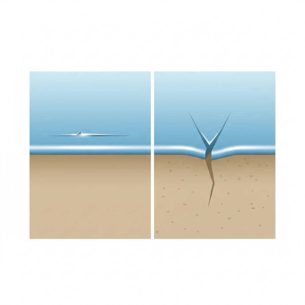 An infographic-style illustration depicting a magnified cross-section of a glazed ceramic surface. On the left side, show a 'superficial scratch' as a fine line affecting only the very top layer of the glaze, with light glinting off it. On the right side, illustrate a 'deep scratch' penetrating through the glaze and slightly into the underlying ceramic body, revealing the different material layers. Use clear, distinct layers for the glaze and ceramic base, employing a clean, almost diagrammatic visual style with subtle shading to differentiate depth. The overall image should educate the viewer on identifying scratch types.