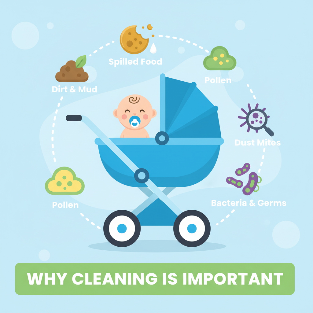 A vibrant flat illustration infographic depicting various sources of stroller contamination. Show small, stylized icons of dirt, mud, spilled food (like a cookie crumb or a milk droplet), pollen, dust mites, and bacteria swirling around a cartoon representation of a stroller. Use bright, clean colors and clear labels for each contaminant to easily show 'Why cleaning is important'.