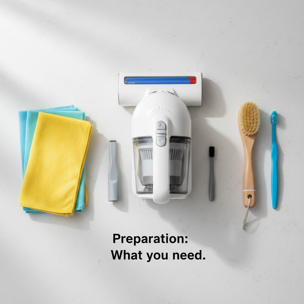 A close-up, high-angle professional photo of various cleaning supplies neatly arranged on a clean, light-colored surface. Include a small handheld vacuum cleaner with attachments, a soft-bristled brush, a worn toothbrush, and several neatly folded microfiber cloths in different colors. The lighting should be bright and airy, making the tools look ready for use, emphasizing 'Preparation: What you need'.