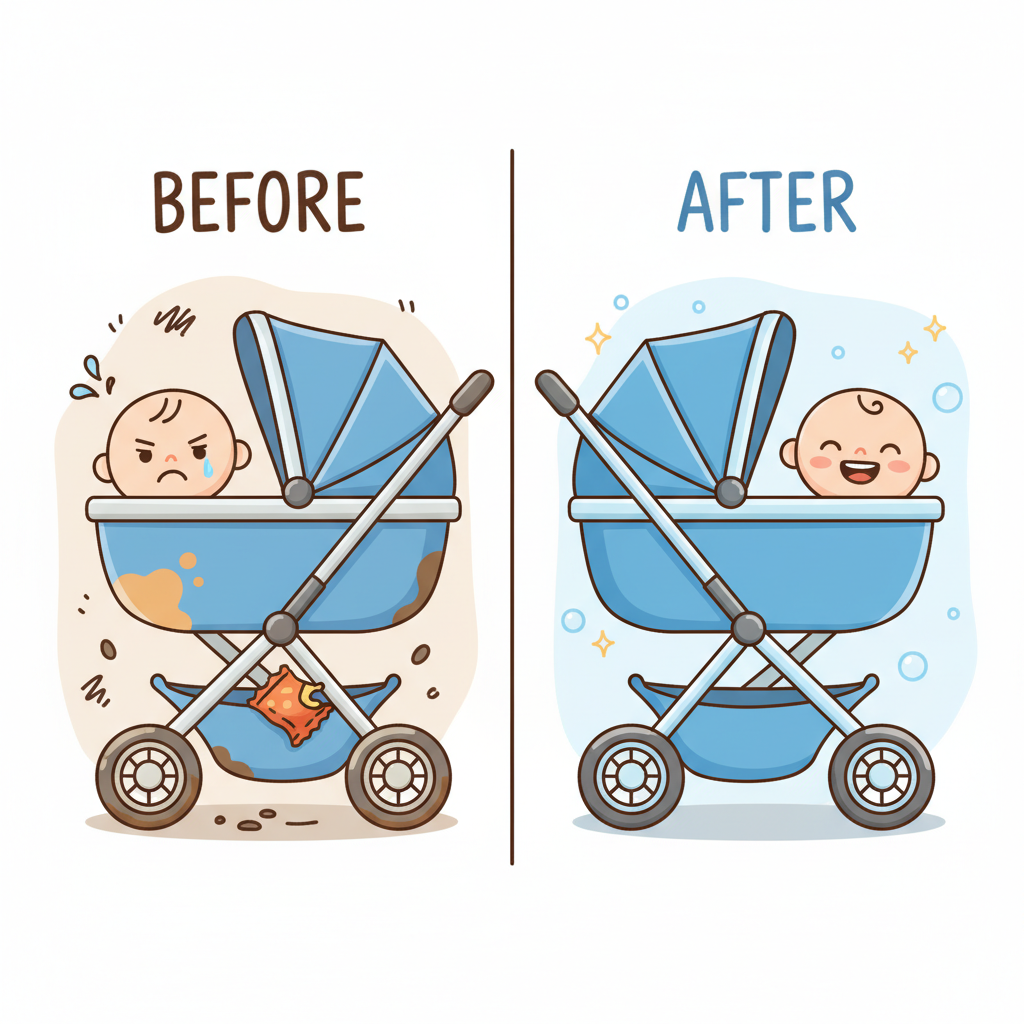 A split-scene image, one side showing a slightly dirty stroller (mud on wheels, a small food stain on fabric) with an unhappy, stylized baby icon peeking out. The other side shows the same stroller, sparkling clean and well-maintained, with a happy, smiling baby icon. This visual contrast powerfully illustrates the benefits of cleaning – 'Before & After' - in a lighthearted, illustrative style suitable for a blog.