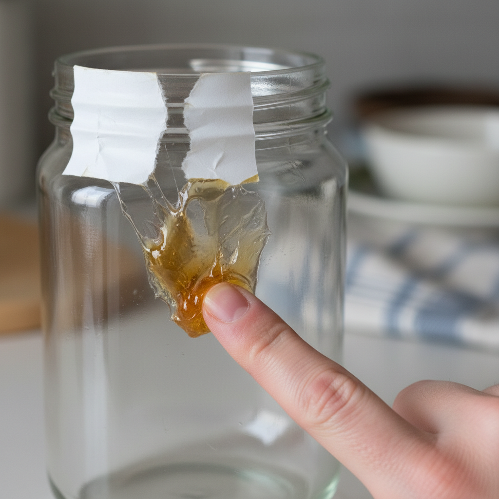 A close-up shot of a clear glass jar or plastic container, with a partially removed paper label. The label is torn and messy, revealing a thick, gooey, translucent adhesive residue stuck firmly to the surface underneath. A person's frustrated hand with a fingernail is trying unsuccessfully to scrape off the stubborn glue. The background is softly blurred, hinting at a common household setting. Professional, realistic photo style, emphasizing the common problem of sticky label residue.