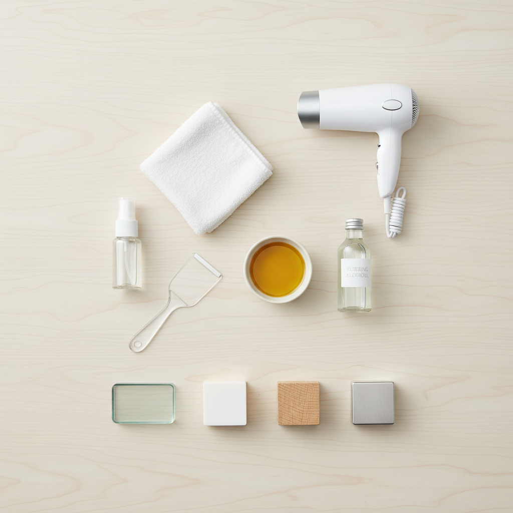 A neat flat lay arrangement on a clean, light-colored wooden surface. Various tools and substances for label removal are artfully displayed. This includes a small spray bottle, a soft cloth, a plastic scraper or spatula, a small dish of cooking oil, a bottle of rubbing alcohol, and a hairdryer. Adjacent to these, small sample blocks representing different materials like glass, plastic, wood, and metal are visible. Clean, organized infographic style illustration.