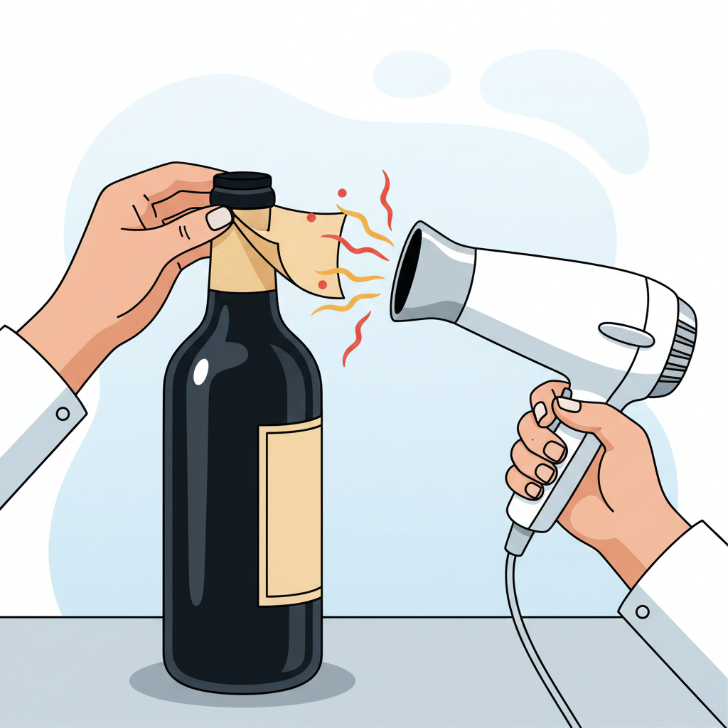 A dynamic illustration focusing on the heat removal method. A person's hands are carefully peeling a resistant paper label from a smooth, dark glass bottle. One hand holds the edge of the label, gently pulling it back. The other hand points a small, modern hairdryer at the label's edge, directing warm air onto the adhesive to soften it. A slight visual representation of heat is visible near the hairdryer's nozzle. Bright, clean, and instructional cartoon or vector art style.