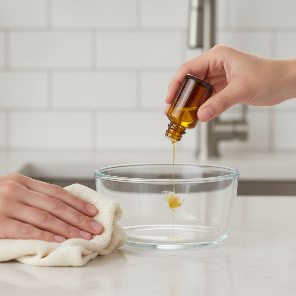 A close-up, practical illustration demonstrating a home remedy. A clear, round glass food storage container has a distinct, small patch of sticky, dried adhesive residue on its side. A hand is gently dabbing a few drops of golden-colored cooking oil directly onto the residue from a small spoon or bottle. Another hand holds a soft, light-colored cloth, positioned to wipe. The background is a clean, bright kitchen counter. Realistic and helpful photographic style.