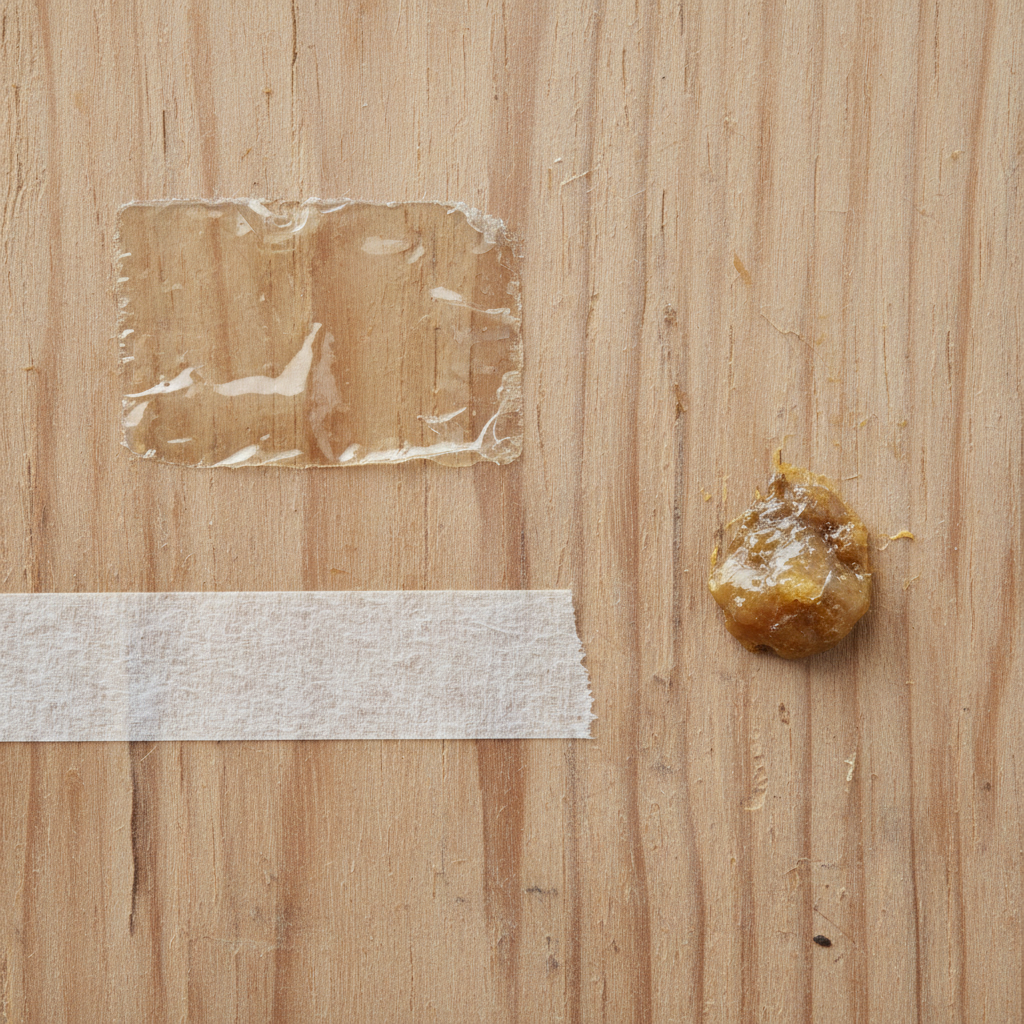 A close-up, professional studio photo of a wooden surface, perhaps a section of an old table or wooden panel, that exhibits various types of common adhesive residues. Show a patch where a paper label has been peeled off, leaving behind a gummy, translucent rectangular mark. Next to it, illustrate a sticky, slightly raised strip of residue from what was once double-sided tape. Further along, depict a small, hardened blob of old, discolored glue. The wood itself should show subtle grain and texture, possibly a light to medium wood tone, emphasizing the contrast with the unsightly residue. The lighting should be soft and even, highlighting the stickiness and texture of the glues.