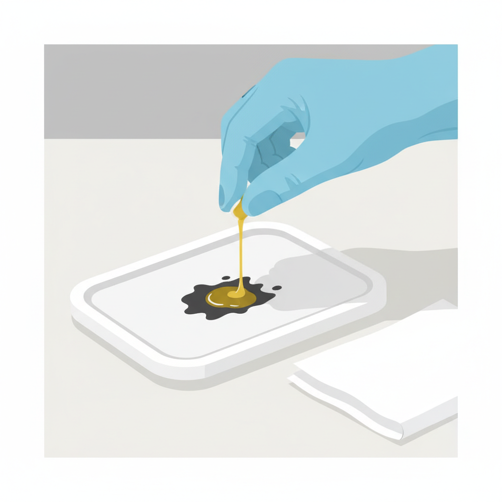 A close-up, brightly lit flat illustration in a clean, modern style. The scene shows a white plastic container or a common plastic household item (e.g., a food storage container lid) with a sticky, dark label residue marring its surface. A hand, perhaps with a kitchen glove, is gently applying a few drops of golden cooking oil (like sunflower or olive oil) onto the residue, which is starting to soften. Nearby, a soft cloth or paper towel is waiting to wipe. The focus is on the contrast between the unsightly sticky mess and the gentle, effective cleaning method. The background is simple and uncluttered, emphasizing the object and the cleaning action. No text, words, or labels whatsoever.