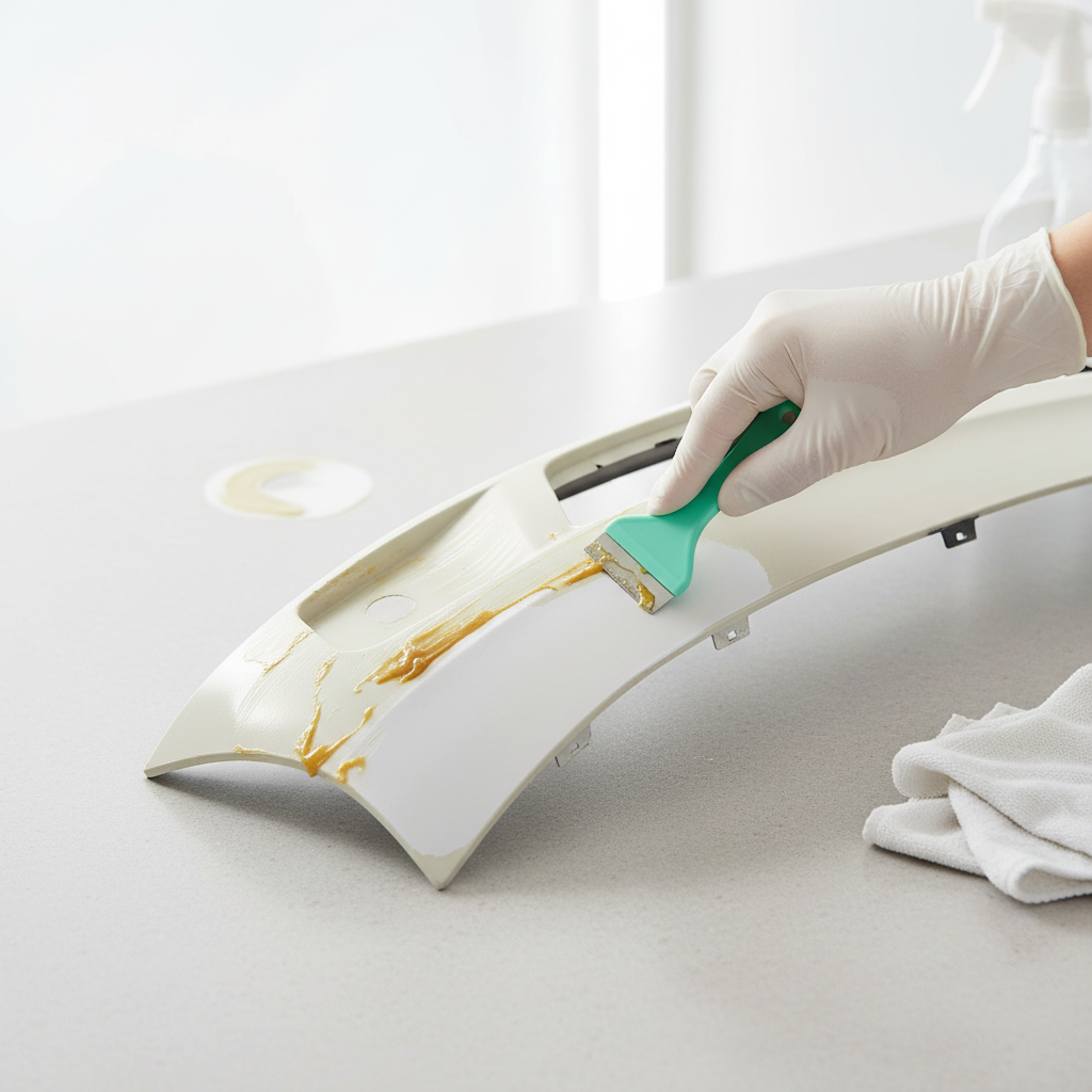 A professional photo in a bright, clean, and well-lit setting, shot from a slightly overhead perspective. The image captures a crucial preparatory step for cleaning. On a smooth, light-colored surface, a plastic object (e.g., a segment of a plastic car bumper, a toy, or a garden furniture piece) with a visible, stubborn adhesive residue patch is shown. A hand, wearing a delicate glove, is carefully scraping away some of the residue using a blue or green plastic scraper (or an old credit card), revealing cleaner plastic underneath. A small, less visible corner of the plastic object shows a tiny, test-patch area, hinting at prior testing. The composition should feel practical and informative. No text, words, or labels whatsoever.
