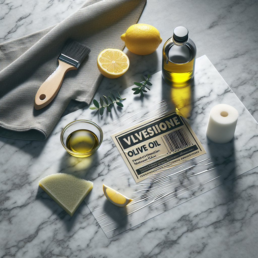 A close-up, top-down shot of a glossy kitchen countertop (marble or granite) with a stubborn adhesive residue from a removed sticker. Next to it, a small, elegant bottle of olive oil, a lemon wedge, and a soft cloth, hinting at natural removal methods. The lighting is bright and clean, emphasizing the glossy surface.
