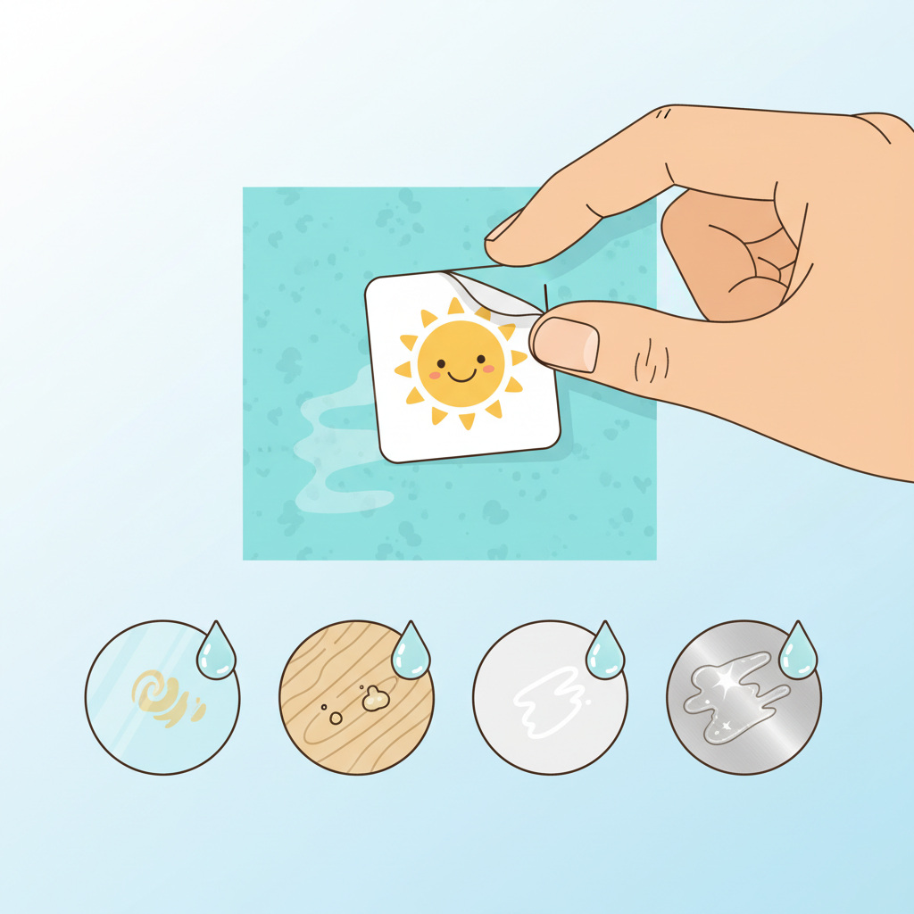 A vibrant, flat illustration depicting a hand carefully peeling a sticker off a surface. Around the central image, small, clear icons represent different surfaces like glass, wood, plastic, and metal, each with a tiny, faint residue of glue, symbolizing the problem. The color palette should be clean and inviting, with a focus on the action of removing the glue. Style: Flat illustration, clean lines.