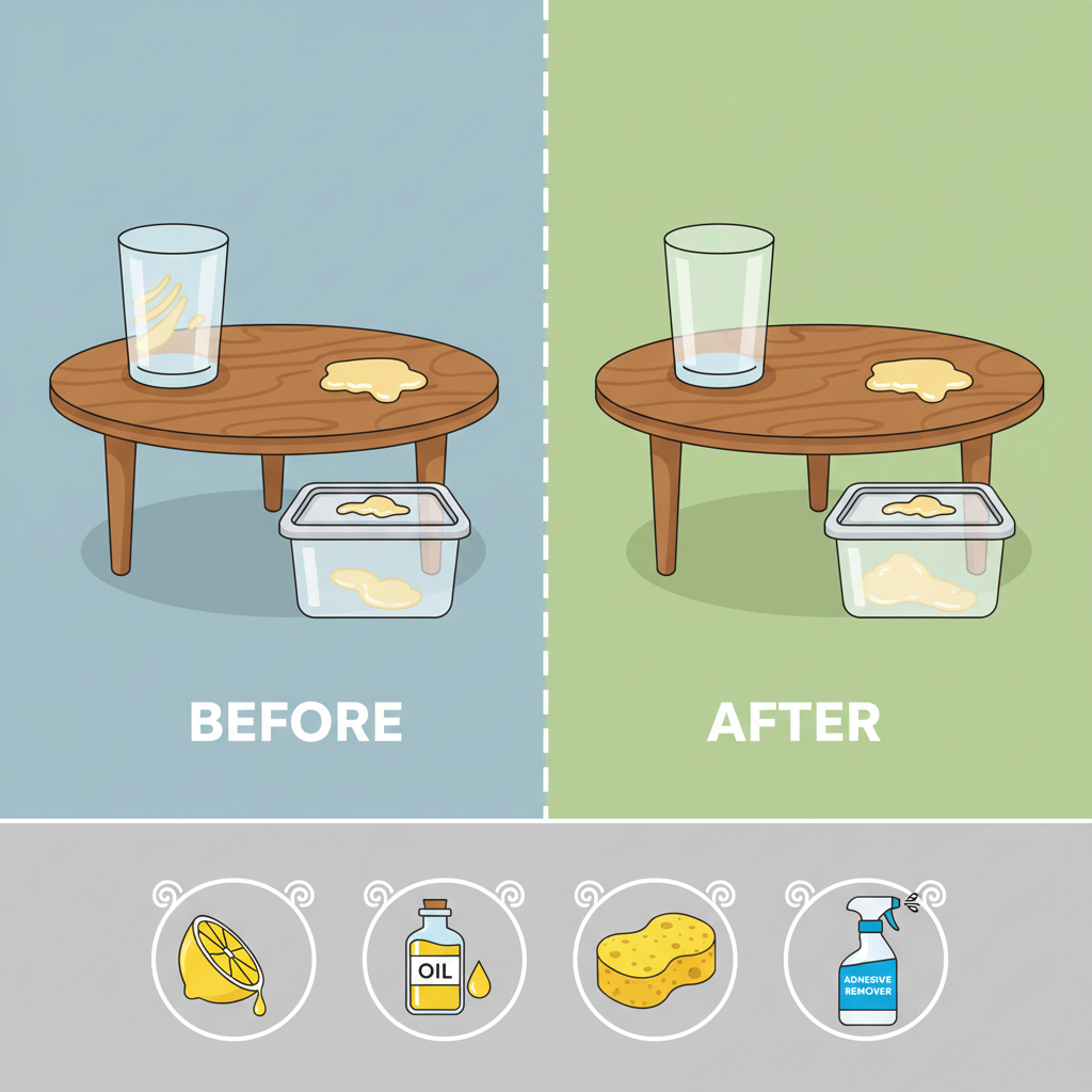 An informative infographic-style illustration showcasing a 'before and after' comparison for removing glue residue. On one side ('Before'), show various objects (a glass, a wooden table, a plastic container) with visible, unsightly glue marks. On the other side ('After'), those same objects are pristine and clean. Below this, small, stylized icons or vignettes illustrate common tools/substances used for removal (e.g., a lemon, a bottle of oil, a sponge, a specialized spray). The design should be contemporary and highly shareable. Style: Infographic, clean and clear visuals.