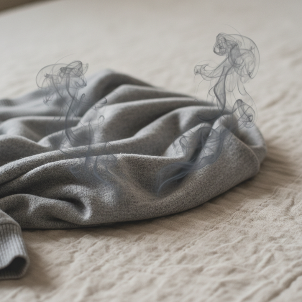 A slightly rumpled, everyday t-shirt or sweater in a neutral color, lying on a soft, light-colored surface. Wisps of subtle, almost transparent dark smoke or vapor are delicately rising and clinging to the fabric, visually representing an unpleasant, embedded odor. The overall atmosphere is slightly muted, emphasizing the unwelcome presence of the smell. The focus is on the visual manifestation of a persistent scent in textiles. Style: Soft, realistic photography with a touch of artistic rendering.