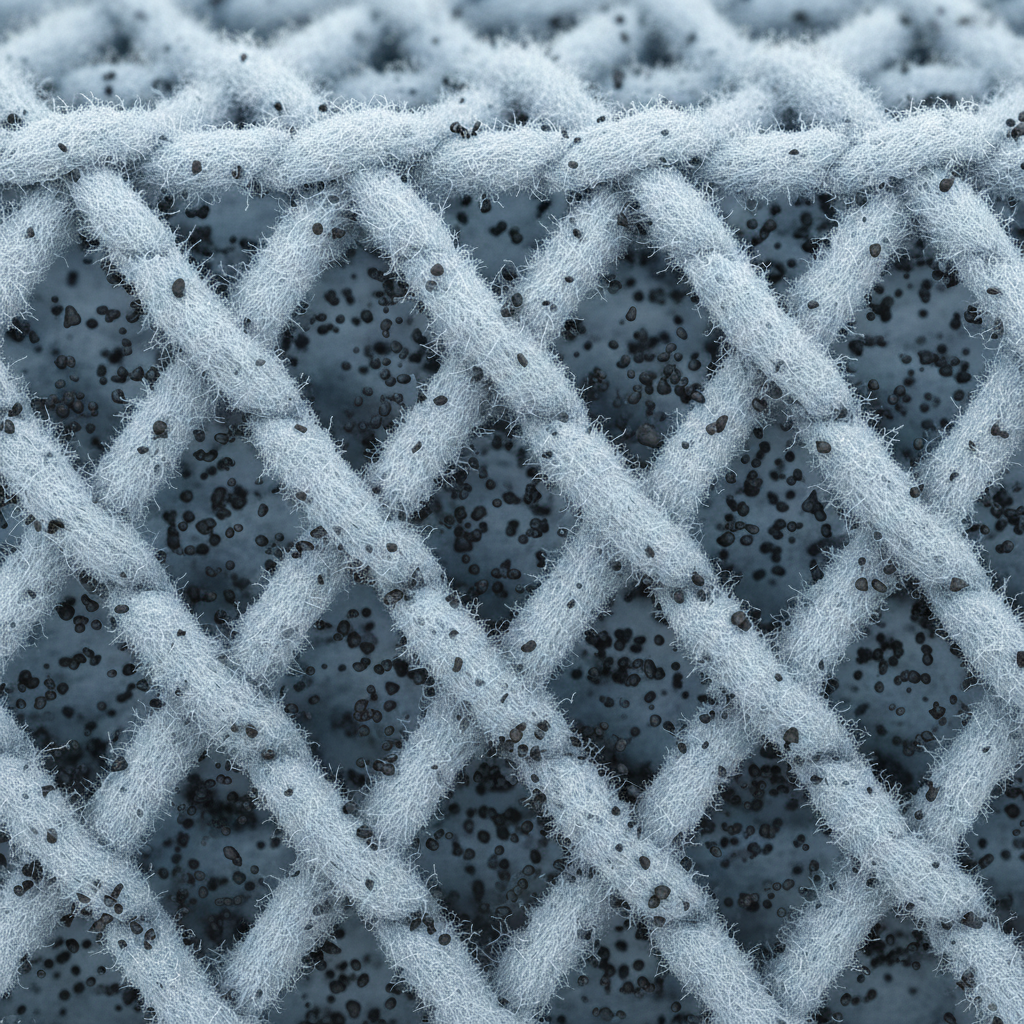 A highly magnified, abstract cross-section of fabric fibers. Tiny, dark, irregular particulate shapes are depicted deeply intertwined within the porous structure of the individual threads and gaps between them. The fibers appear slightly fuzzy or textured, emphasizing their ability to trap microscopic elements. This illustration visually explains how smoke molecules stubbornly adhere to textiles. Style: Detailed scientific illustration with a clean, modern aesthetic, similar to a macroscopic diagram.