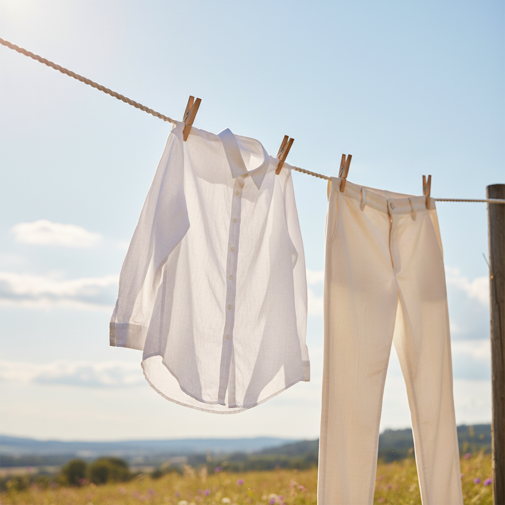 A clean, light-colored shirt or a pair of trousers gently swaying on an outdoor clothesline. The background shows a soft, bright blue sky with subtle hints of sunshine, suggesting a fresh, airy environment. A faint, almost imperceptible breeze is implied by the slight movement of the fabric. The image conveys natural ventilation and purification. Style: Bright, crisp professional photo, emphasizing natural light and freshness.