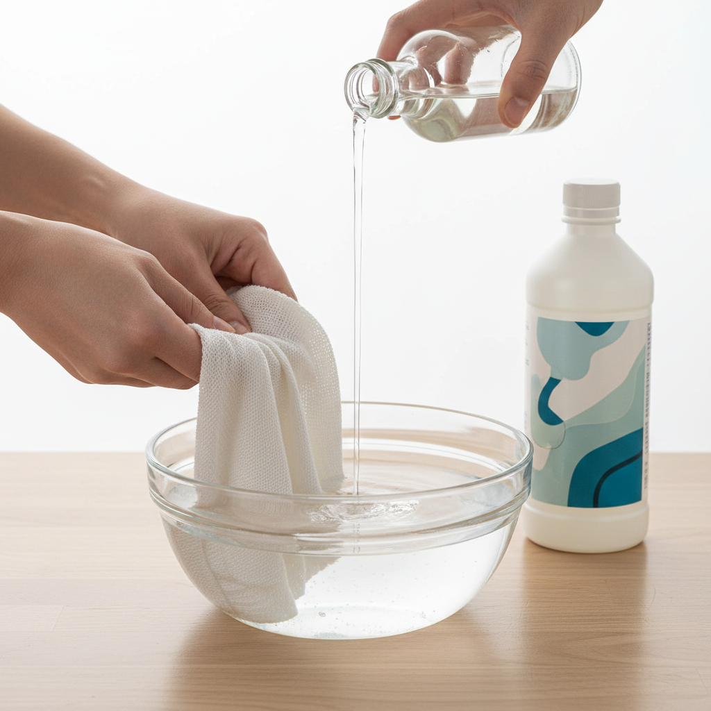 A close-up view of a hand gently submerging a piece of fabric into a translucent basin filled with water. A small amount of clear liquid, representing vinegar, is shown subtly mixing into the water, creating a slight ripple. A clean, generic bottle, identifiable as a household cleaning product, stands nearby. The scene is focused on the simple, effective act of a home cleaning remedy. Style: Clean and bright, high-key studio photography with a focus on the action and ingredients.