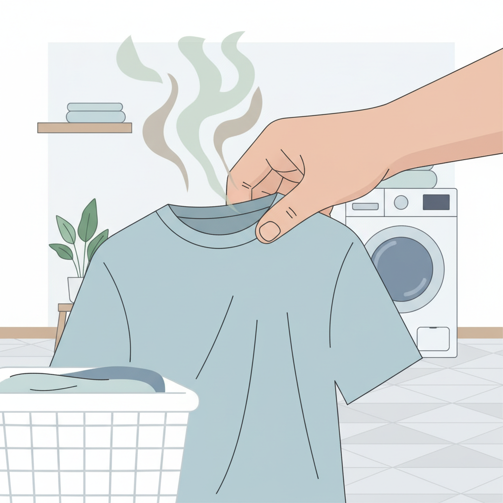 A close-up, modern flat illustration showing a hand holding a freshly laundered t-shirt, pulled from a laundry basket. Subtle, swirling, faint green-brown mist lines emanate from the t-shirt, indicating an unpleasant, musty odor. The background features a clean, minimalist laundry room setting, conveying a sense of disappointment and the problem of un-fresh laundry despite washing.