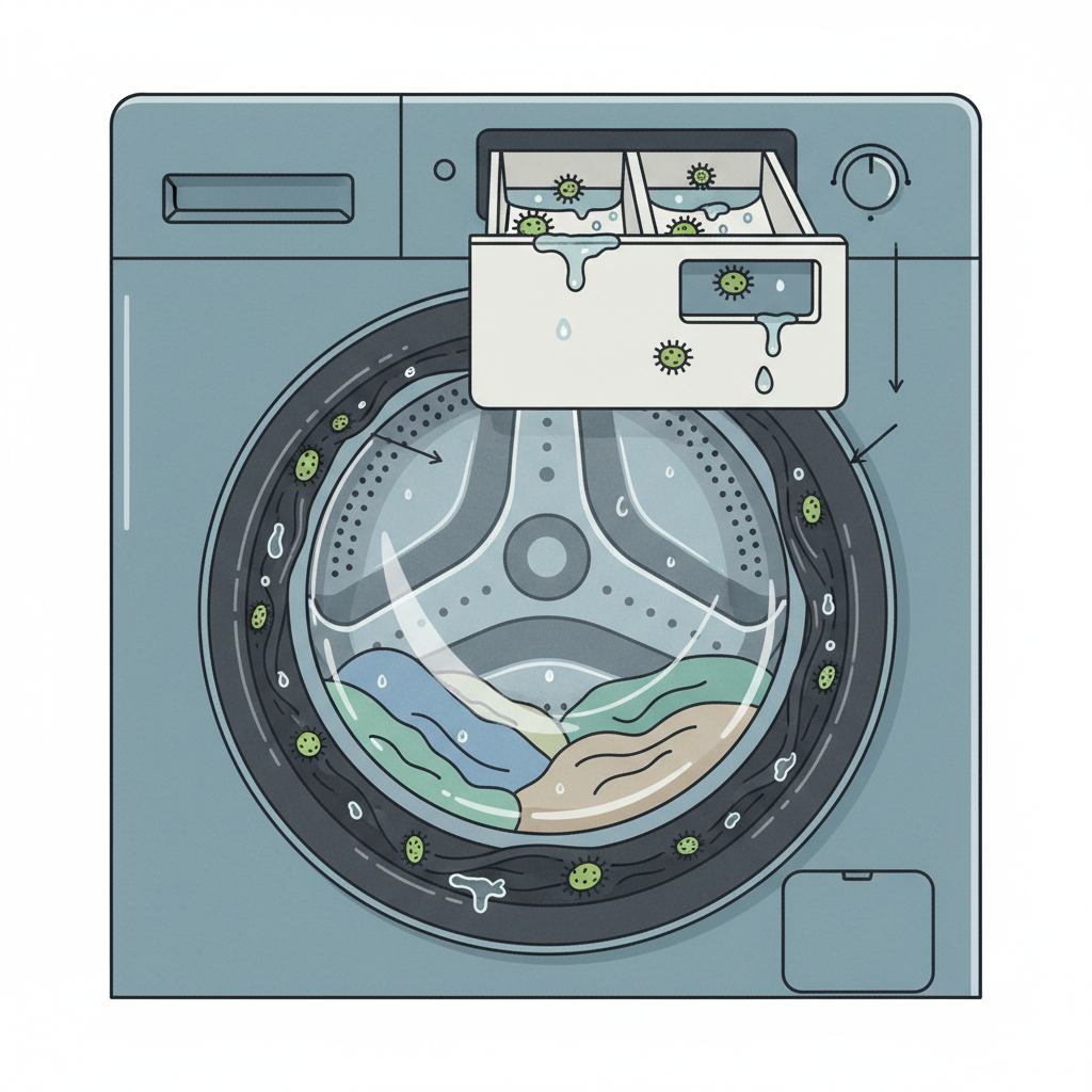 A detailed infographic-style illustration depicting a cross-section of a washing machine. Highlighted areas include the rubber door gasket and the detergent dispenser drawer, where small, stylized green and dark microbial shapes (representing bacteria and mold) are visibly thriving amidst lingering moisture droplets. The interior of the drum appears slightly damp, emphasizing the machine as a source of odor.