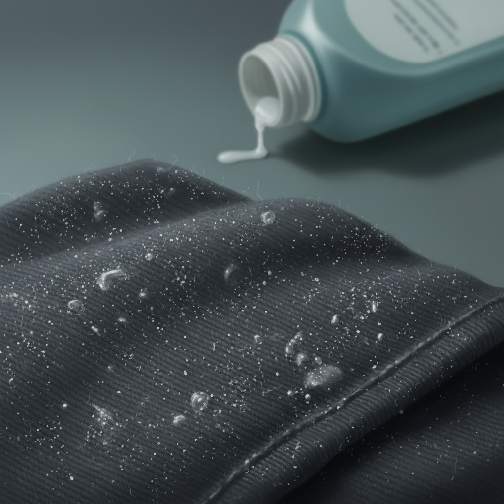 A realistic digital painting showcasing a close-up of a dark-colored fabric, like a t-shirt or towel. The surface of the fabric is visibly dotted with fine, white crystalline specks and a subtle, slightly sticky-looking film, clearly illustrating detergent residues. In the soft-focus background, a generic laundry detergent bottle is slightly tipped, suggesting over-usage.