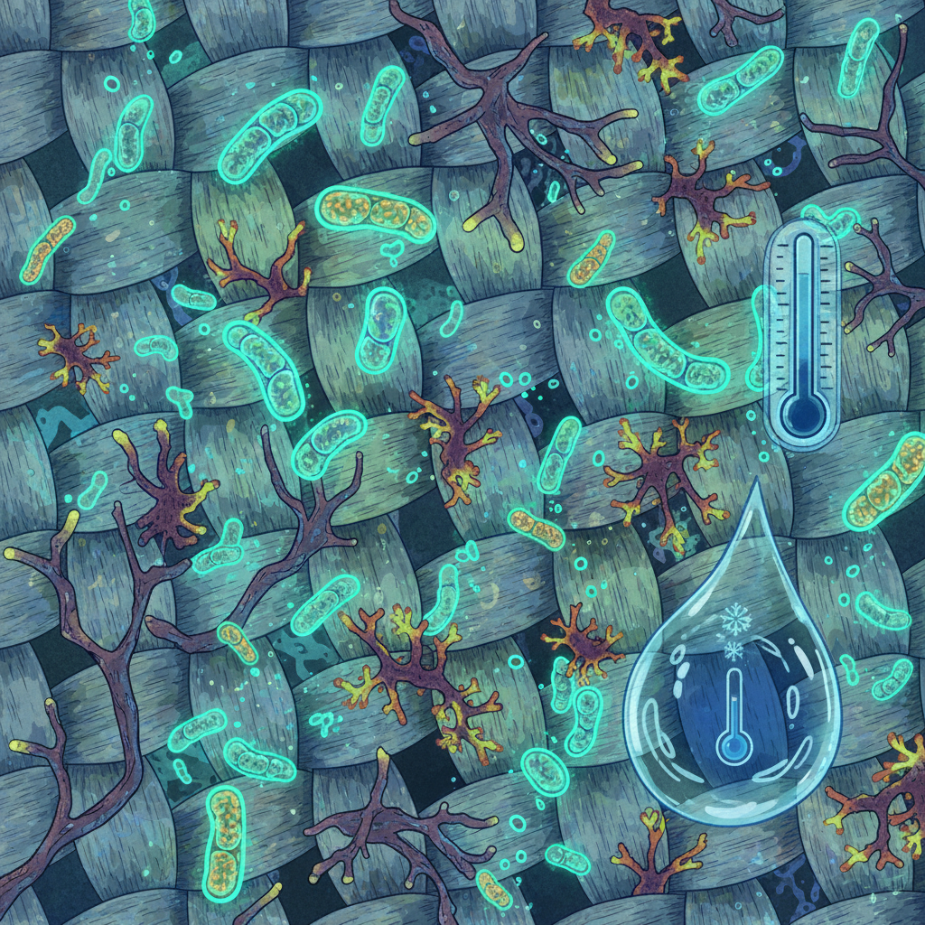 A scientific illustration with an artistic touch, depicting a magnified microscopic view of fabric fibers. Interspersed within the fibers are numerous stylized, active bacteria and mold spores, visibly growing and multiplying. A stylized droplet of water and a visual indicator resembling a low-temperature thermometer in the background subtly convey a cool, damp environment conducive to microbial growth.