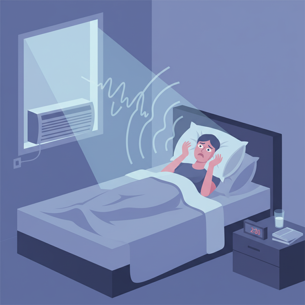 A visually appealing flat illustration depicting a person in bed at night, trying to sleep but looking frustrated or awake. The bedroom is dark with a subtle glow from a window. A stylized air conditioning unit, perhaps mounted on a wall or near a window, emits abstract, gentle vibration lines or sound waves that seem to emanate towards the sleeping person, emphasizing the disturbance. The overall mood should convey discomfort and sleeplessness caused by noise, using cool, muted night tones.