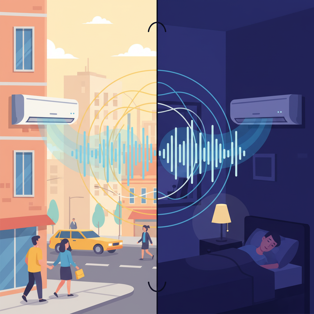 An infographic-style illustration with a split scene demonstrating the difference in noise perception. On one side, a bright daytime urban scene with background elements like cars or people. An air conditioner unit is present, and its subtle hum is visually absorbed by the ambient noise. On the other side, a quiet, dark bedroom scene at night with the same AC unit. Here, the hum is visually amplified, perhaps with larger, more prominent sound waves, highlighting how silence makes noises more noticeable. Use clear visual indicators for noise intensity.