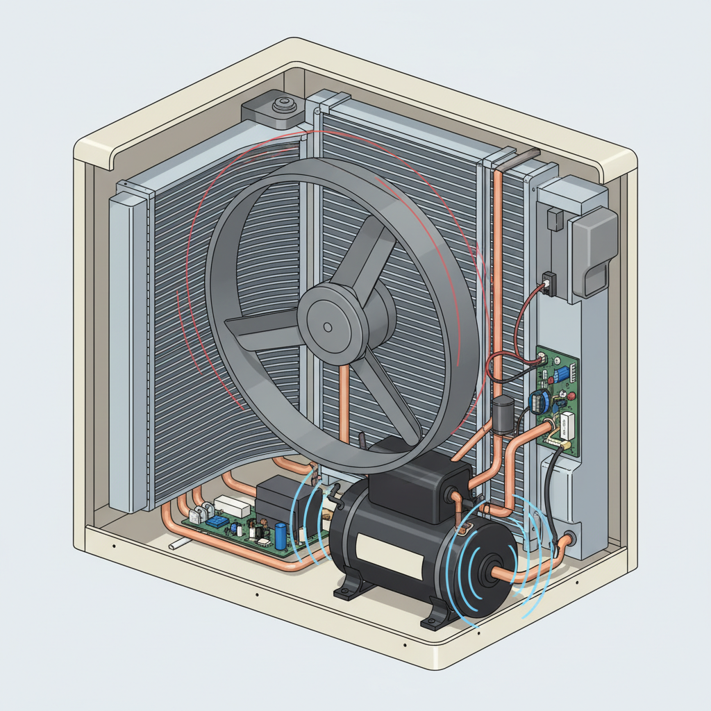 A detailed technical illustration or a clean 3D render of a cutaway air conditioning outdoor unit. The internal components, such as the compressor, condenser coils, and fan blades, are clearly visible. The compressor section should subtly show radiating vibration lines, and the fan blades could appear slightly misaligned or show minor visual cues of imbalance, hinting at common causes for humming without showing overt damage. The illustration should be precise and professional, suitable for explaining mechanical issues visually.