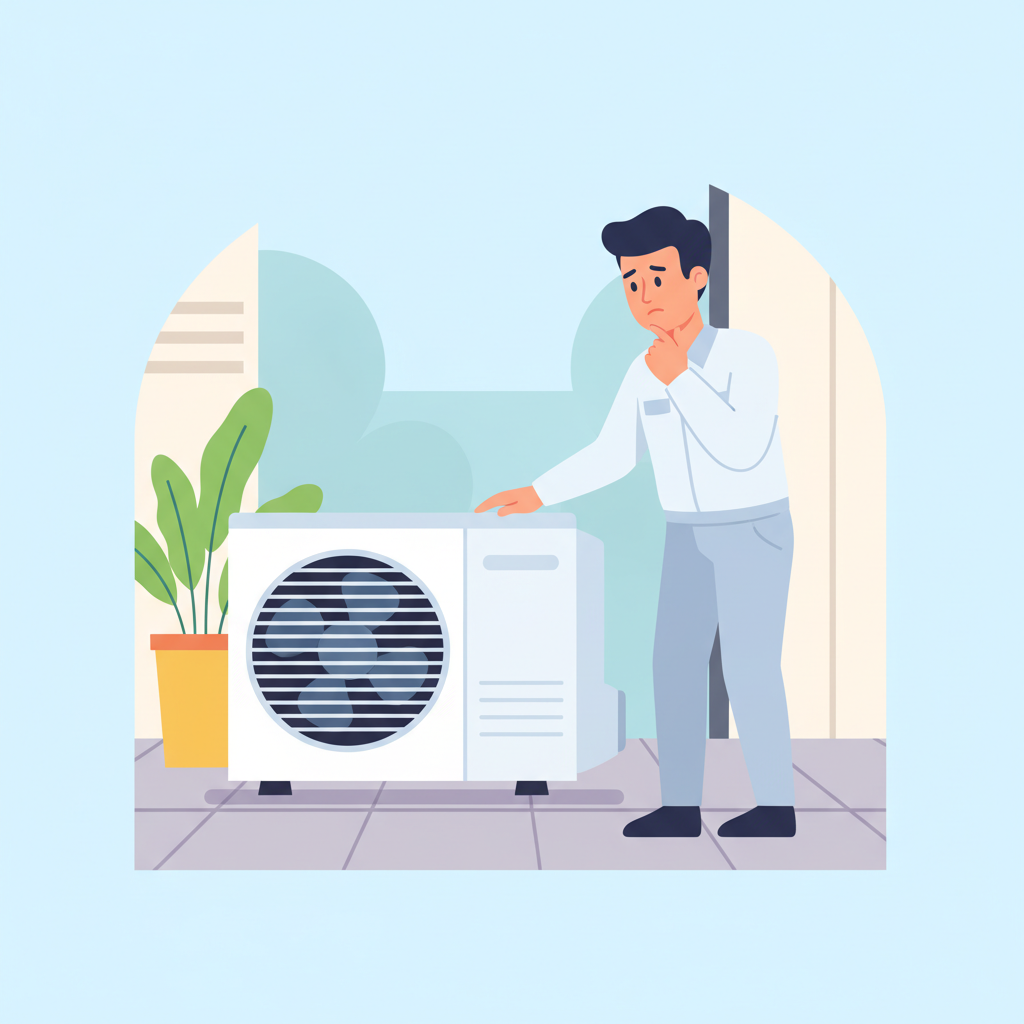 A professional, clean flat illustration showing a homeowner or a technician inspecting an air conditioning outdoor unit. The person is gently touching or observing a part of the unit, perhaps the fan grill or a panel, with a thoughtful and calm expression. The scene should convey a sense of routine maintenance or problem-solving. The background is simple and uncluttered, focusing on the interaction with the AC unit. Use a bright, inviting color palette to suggest solutions and readiness.