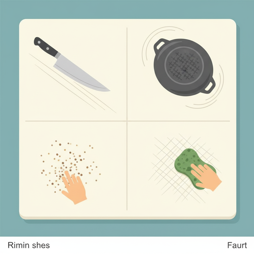 A vibrant flat illustration depicting a bird's-eye view of a modern kitchen countertop. The surface is conceptually divided into four zones, each illustrating a common cause of scratches. One zone shows a chef's knife edge lightly dragging, another a heavy pot with a textured bottom sliding, a third has fine sand particles scattered on it, and the fourth features an abrasive cleaning sponge being used. The overall style is clean, graphic, and uses a limited, appealing color palette to highlight the different interactions without clutter. No text or labels are present.