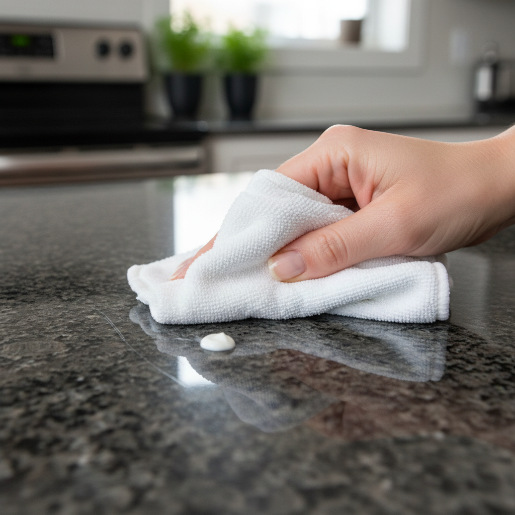 A high-quality, focused close-up photo illustrating the repair of a superficial scratch on a polished dark grey granite kitchen countertop. The image shows a visible but not deep scratch on the smooth granite surface. A hand, holding a soft, white microfiber cloth, is gently rubbing a small amount of white polishing paste into the scratched area with precise, circular motions. Natural lighting emphasizes the subtle texture of the granite and the careful action of the hand, conveying restoration. The background is softly blurred, keeping the focus on the repair. No text or branding is visible.