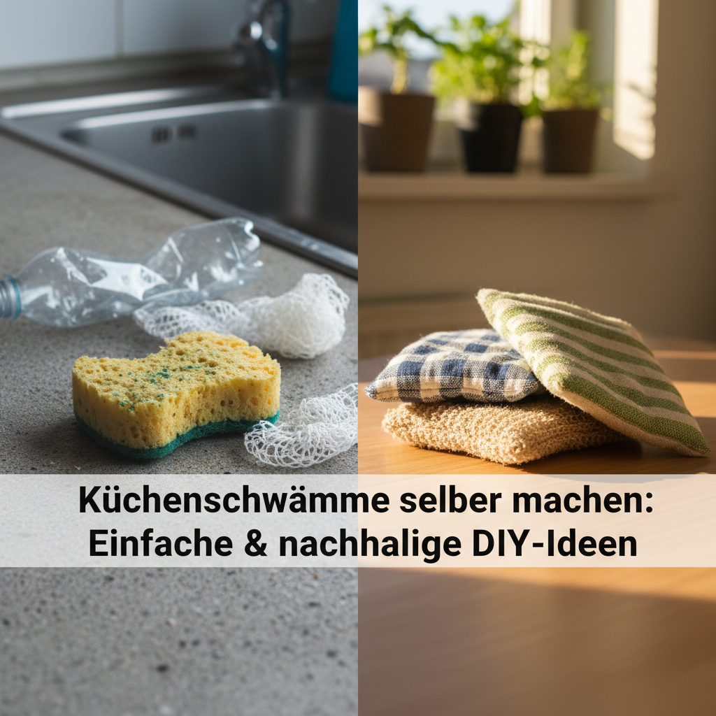 A high-contrast professional photo contrasting the environmental impact of conventional sponges with the sustainability of DIY options. On the left, a worn, synthetic kitchen sponge sits forlornly next to a small pile of discarded plastic packaging. On the right, a neat stack of colorful, clean, handmade fabric sponges (made from cotton and jute) rests on a natural wood surface, bathed in warm, inviting light. The background is blurred to emphasize the subjects.