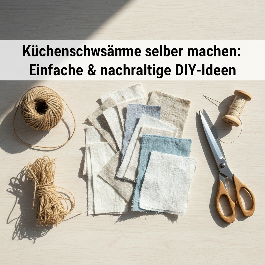A bright, airy lifestyle flat lay photograph showcasing various natural materials ready for DIY sponge creation. Neatly arranged on a light wooden table are pieces of textured linen and cotton fabric scraps, a small ball of jute twine, a few raw hemp fibers, a pair of sharp fabric scissors, and a spool of natural thread with a sewing needle. The composition should feel organized and inspiring.